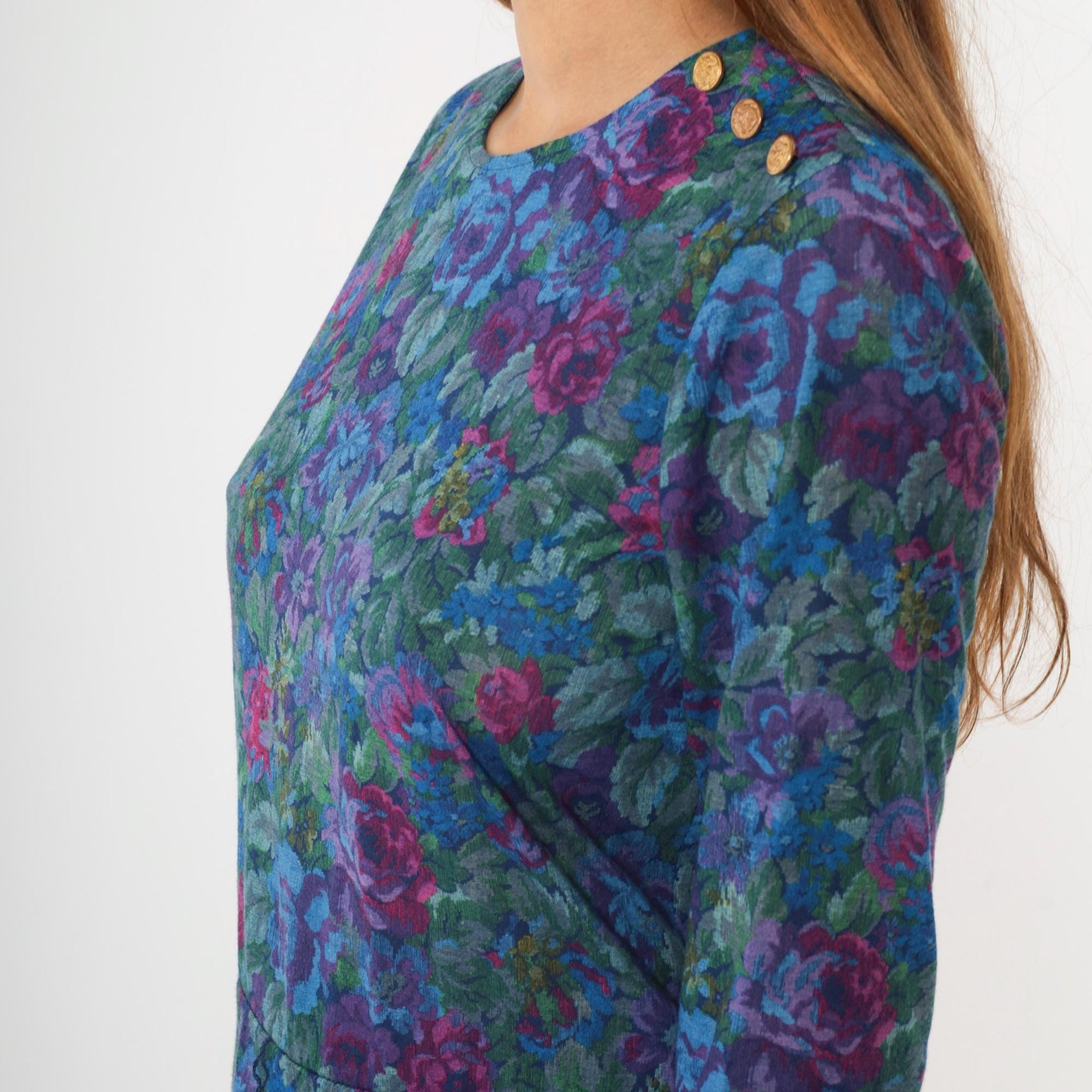 80s Floral Rose Print Midi Dress Long Sleeve Low Waist Blue Purple Green Medium