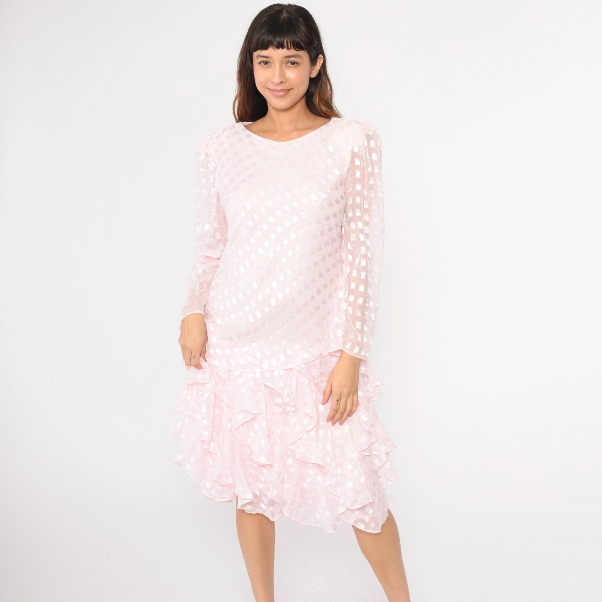 80s Patra Pink Midi Dress Drop Waist Puff Sleeve Ruffle Embossed Large L