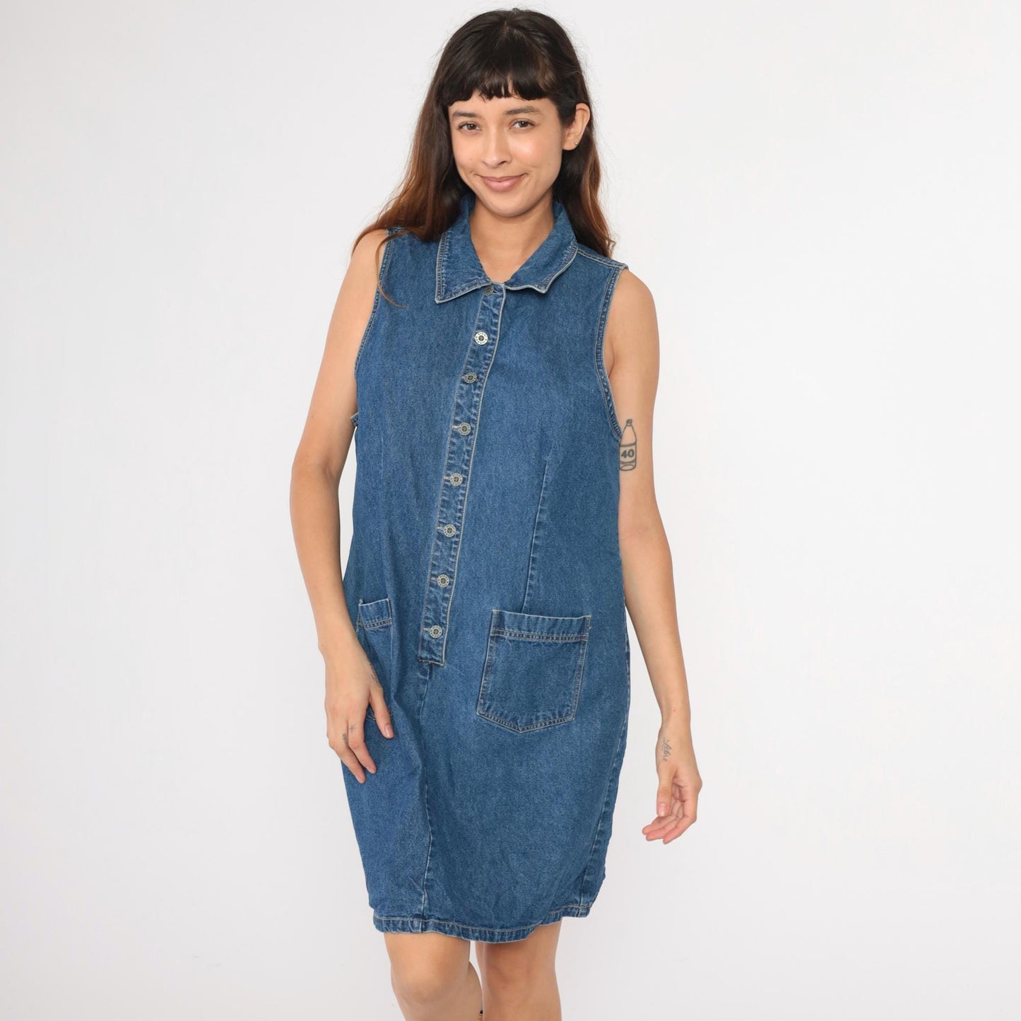 90s Denim Mini Dress Button-Up Sleeveless Blue Cotton Medium Large