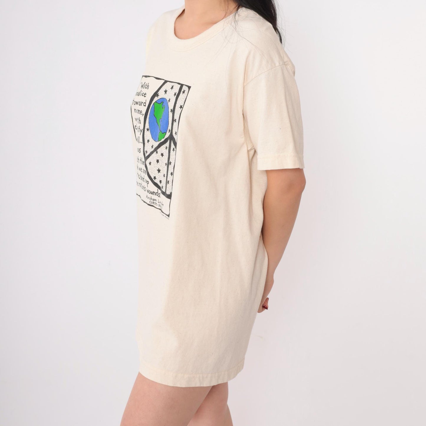 00s Abraham Lincoln Peace Quote Organic Cotton T-Shirt Cream Graphic Large