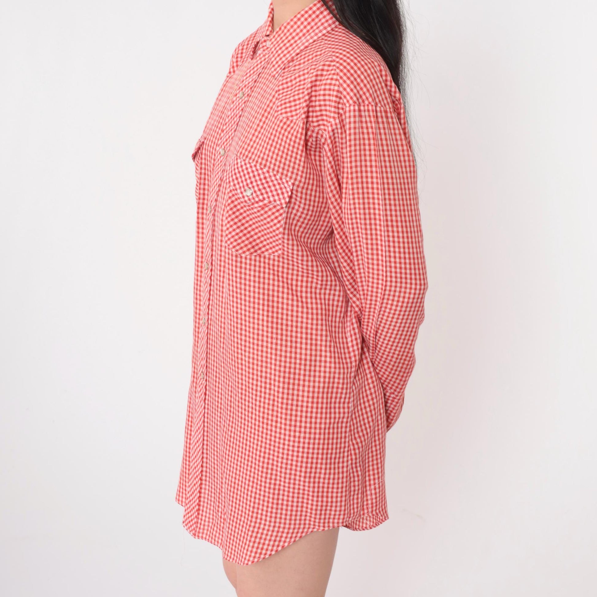 70s Sheplers Western Shirt Red White Gingham Pearl Snap Plaid Large L