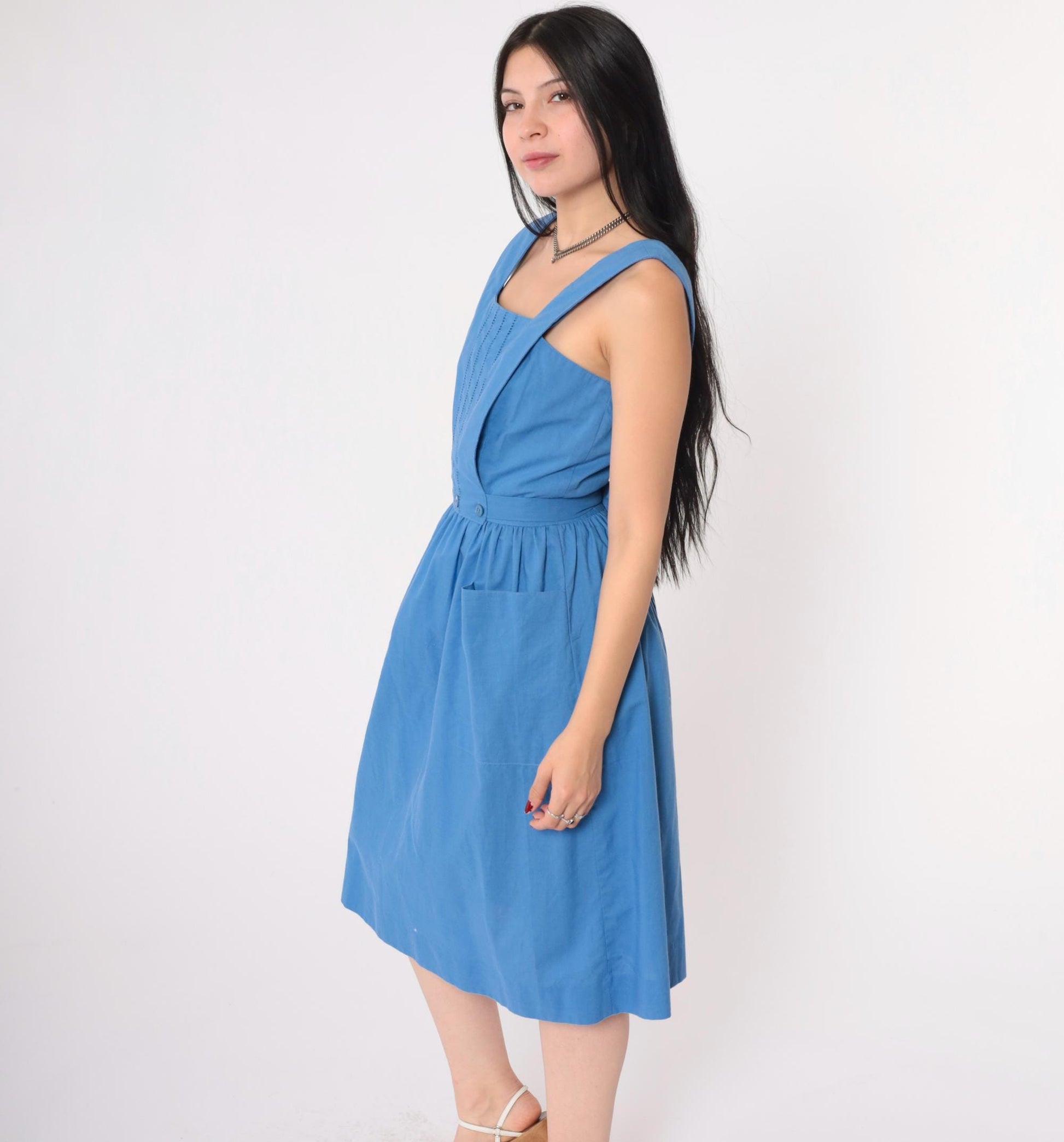80s Lanz Originals Blue Cotton Pinafore Dress Cutwork Square Neckline Small