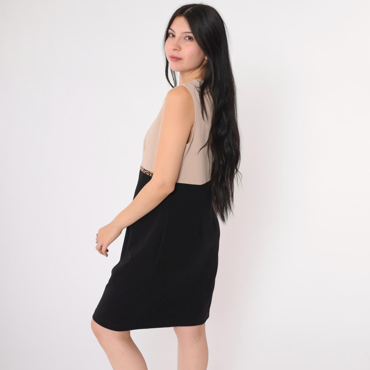 90s Ronni Nicole Petite Color Block Mini Dress Leopard Trim Beige Black Medium