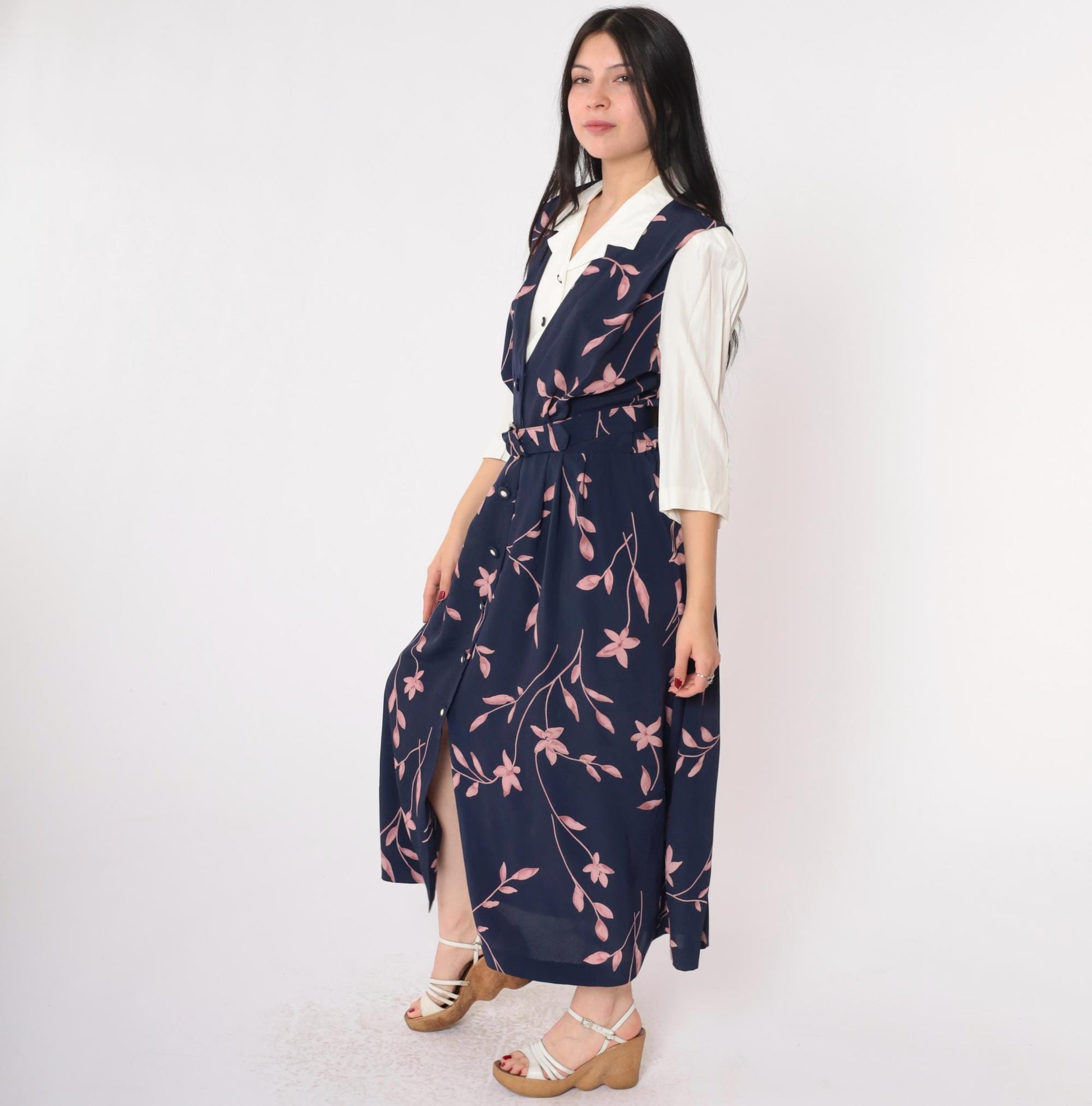 90s Navy Floral Maxi Dress Button-Up Attached Shirt 3/4 Sleeve Belted Medium