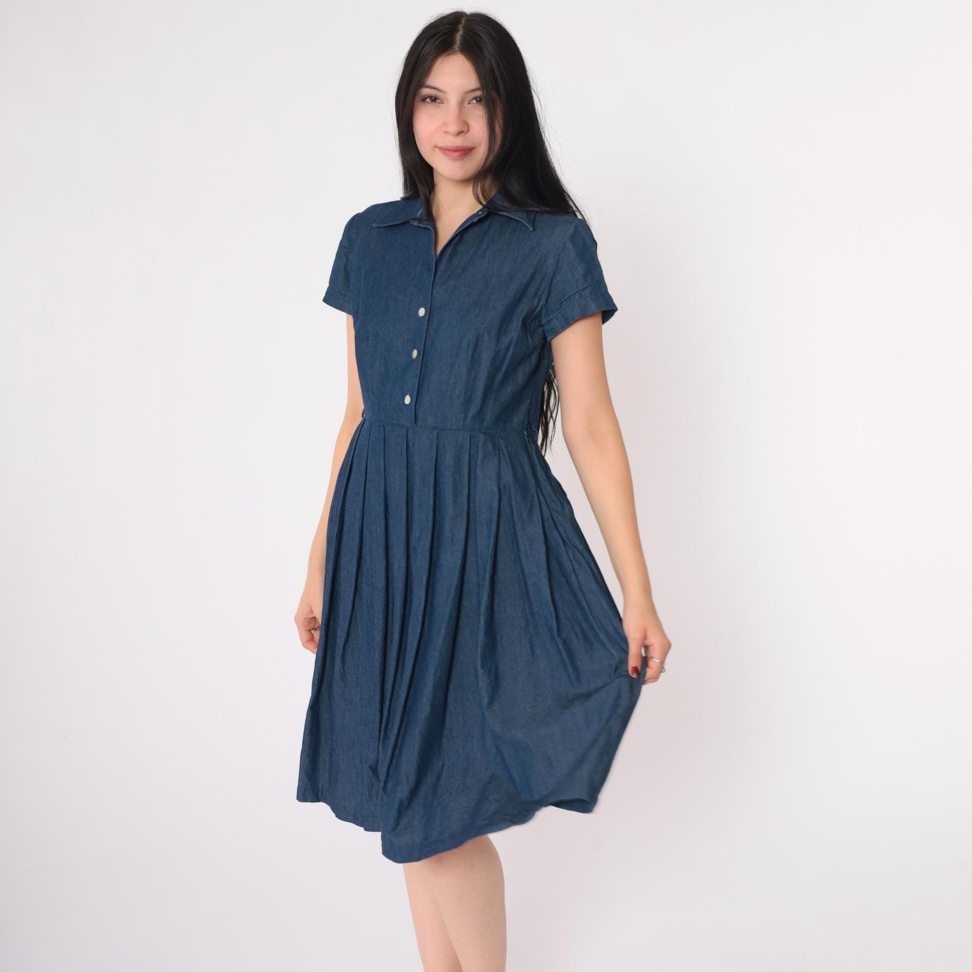 90s Talbots Petite Denim Shirtdress Knee-Length Pleated Dark Blue Cotton Size 2