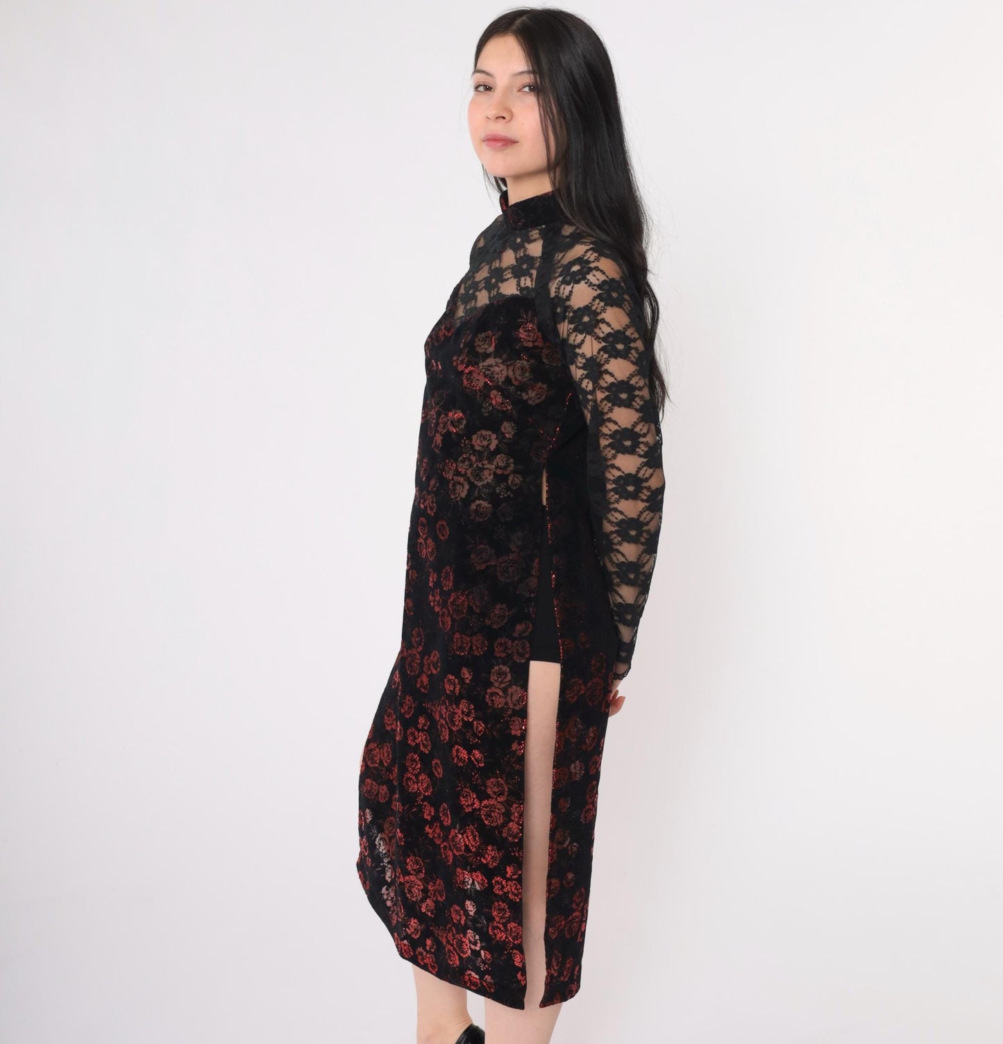 00s Ao Dai Dress Burnout Velvet Floral Mandarin Collar Black Lace Extra Small