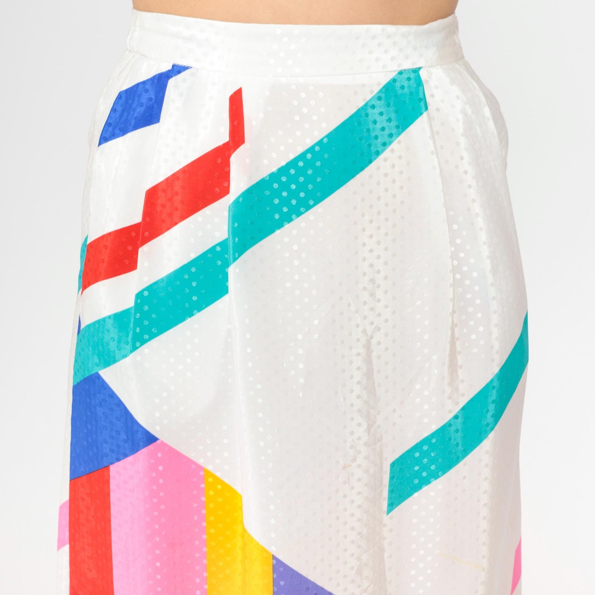 80s Rainbow Striped Midi Skirt High Waist Polka Dot White Small 4