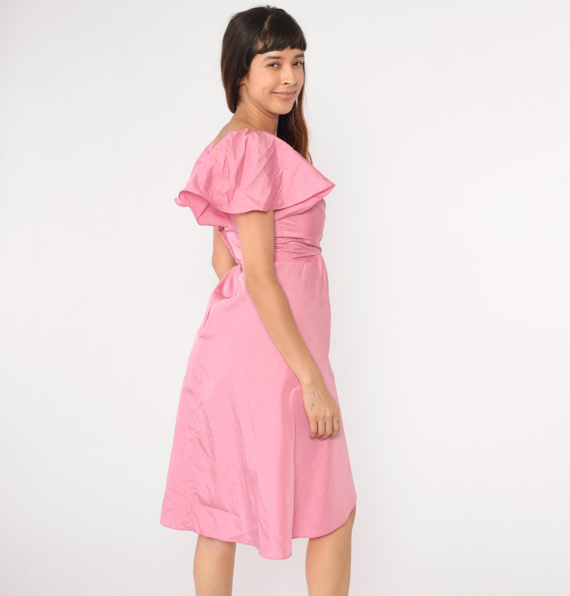 80s Pink Midi Prom Dress Flutter Sleeve V-Neck High Waist Bow Tulip Hem Small