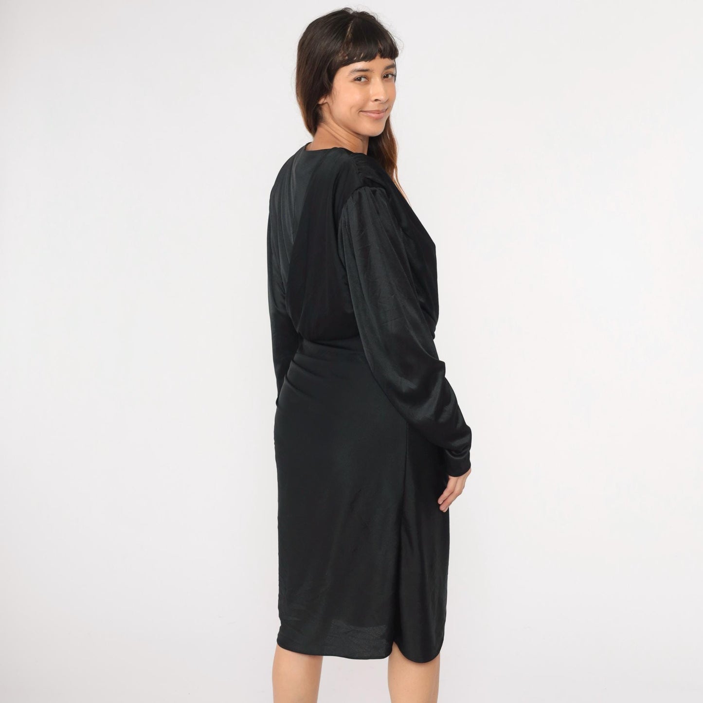 80s Black Faux Wrap Midi Dress Beaded Waist V Neck Long Sleeve Medium