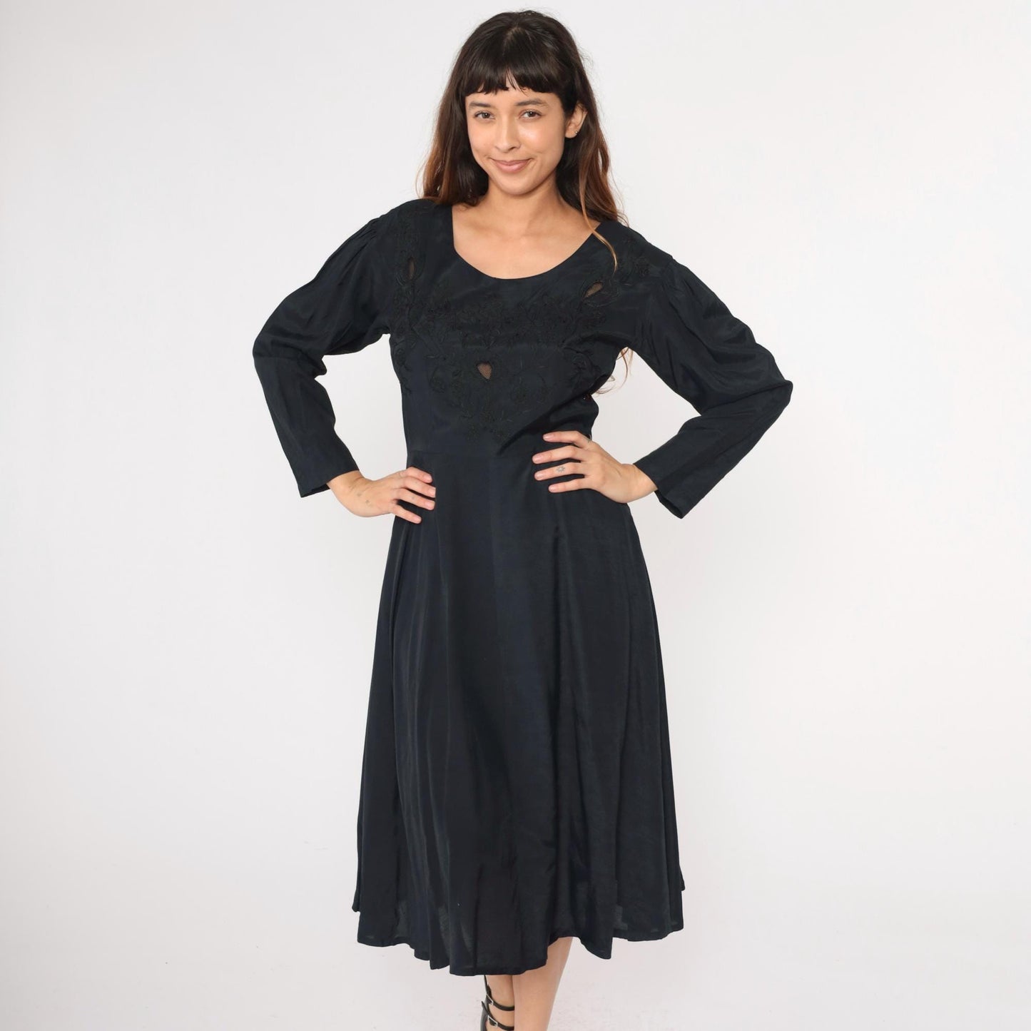 90s Black Floral Embroidery Midi Dress Mesh Cutout Puff Sleeve Small