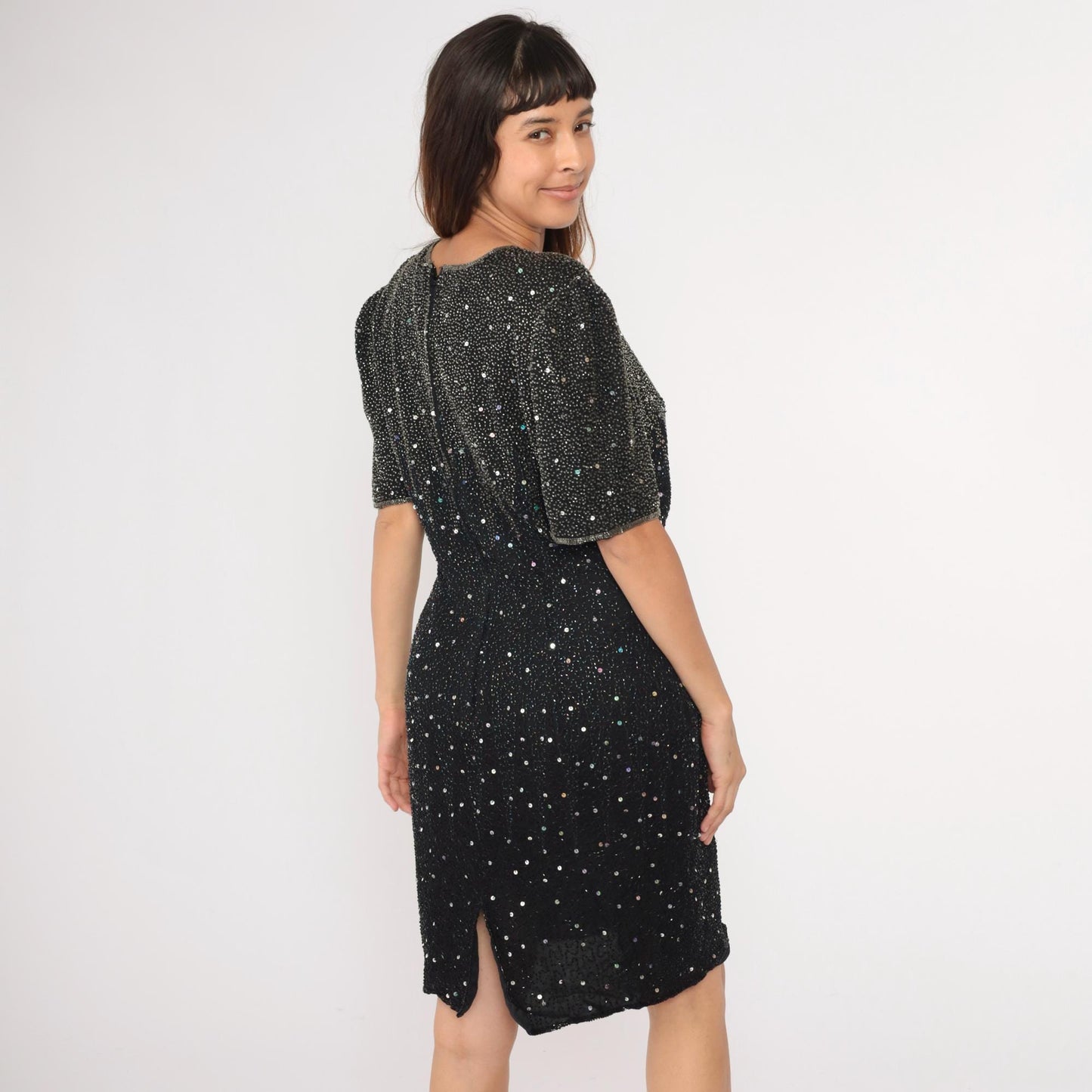 90s Black Silk Beaded Sequin Mini Dress Sleeveless Shift Medium Large