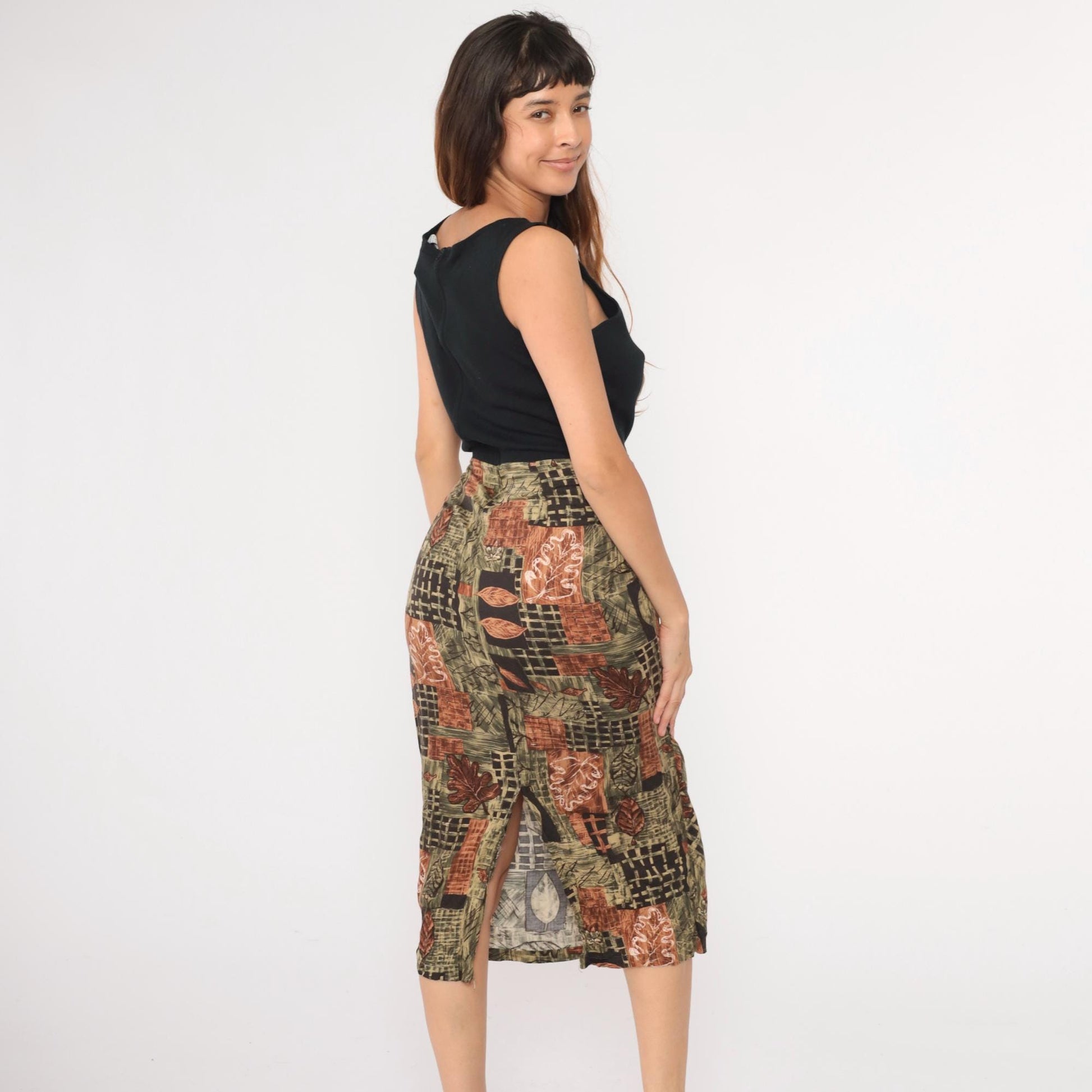 90s UM & Company Leaf Print Midi Dress Black High Waist Wrap Sleeveless Medium