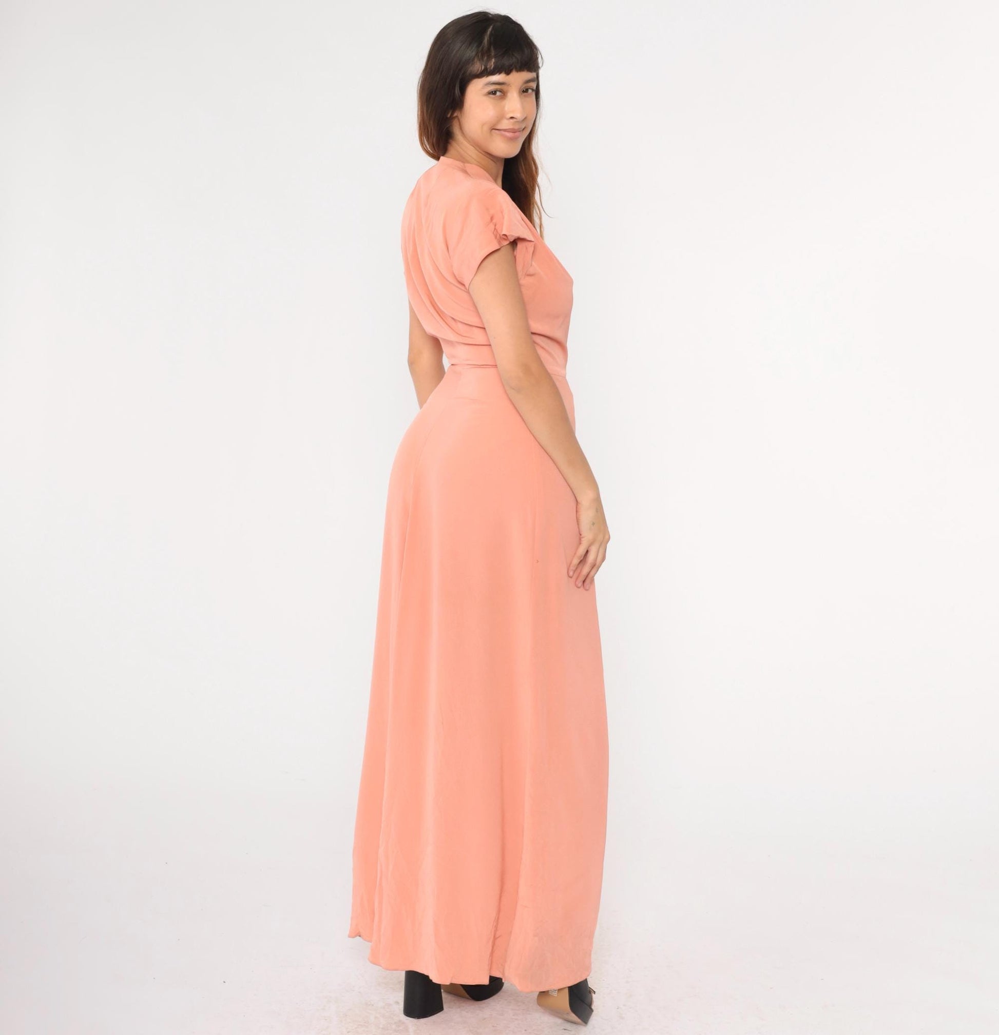 1940s Peach Pink Flutter Sleeve Maxi Gown Metal Side Zip Small