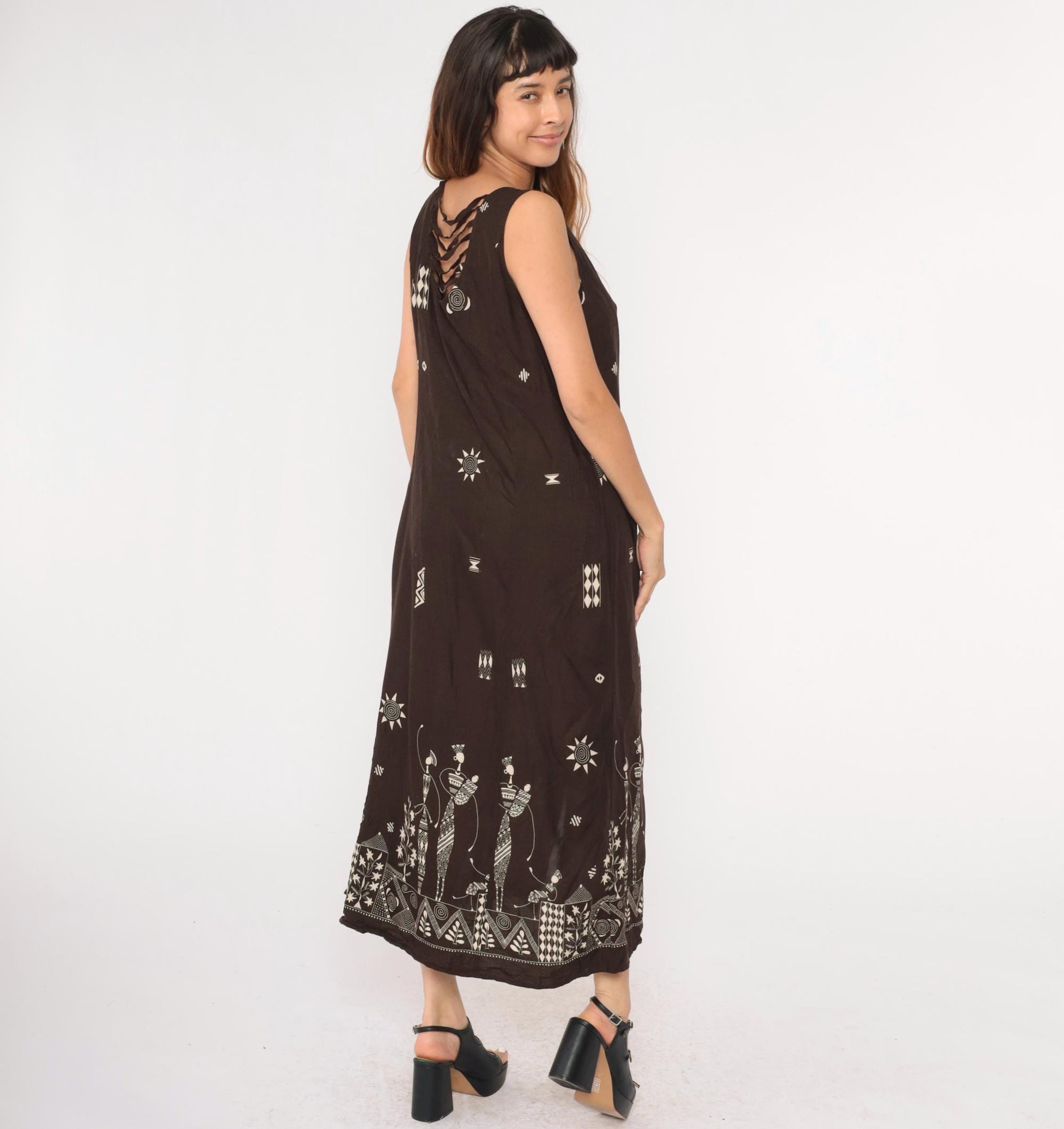 Y2K African Print Maxi Dress Brown Button-Up Sleeveless Geometric Cage Back Extra Large XL