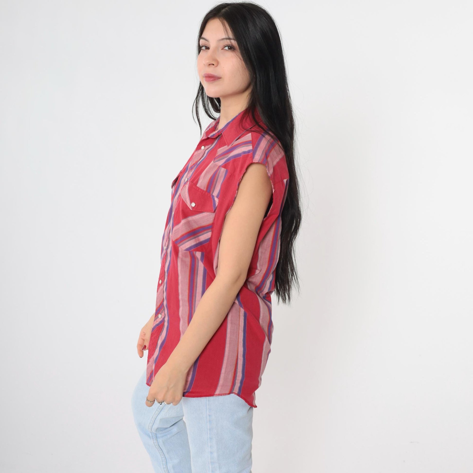 90s Wrangler Western Sleeveless Shirt Cherry Red Striped Pearl Snap Men's Medium
