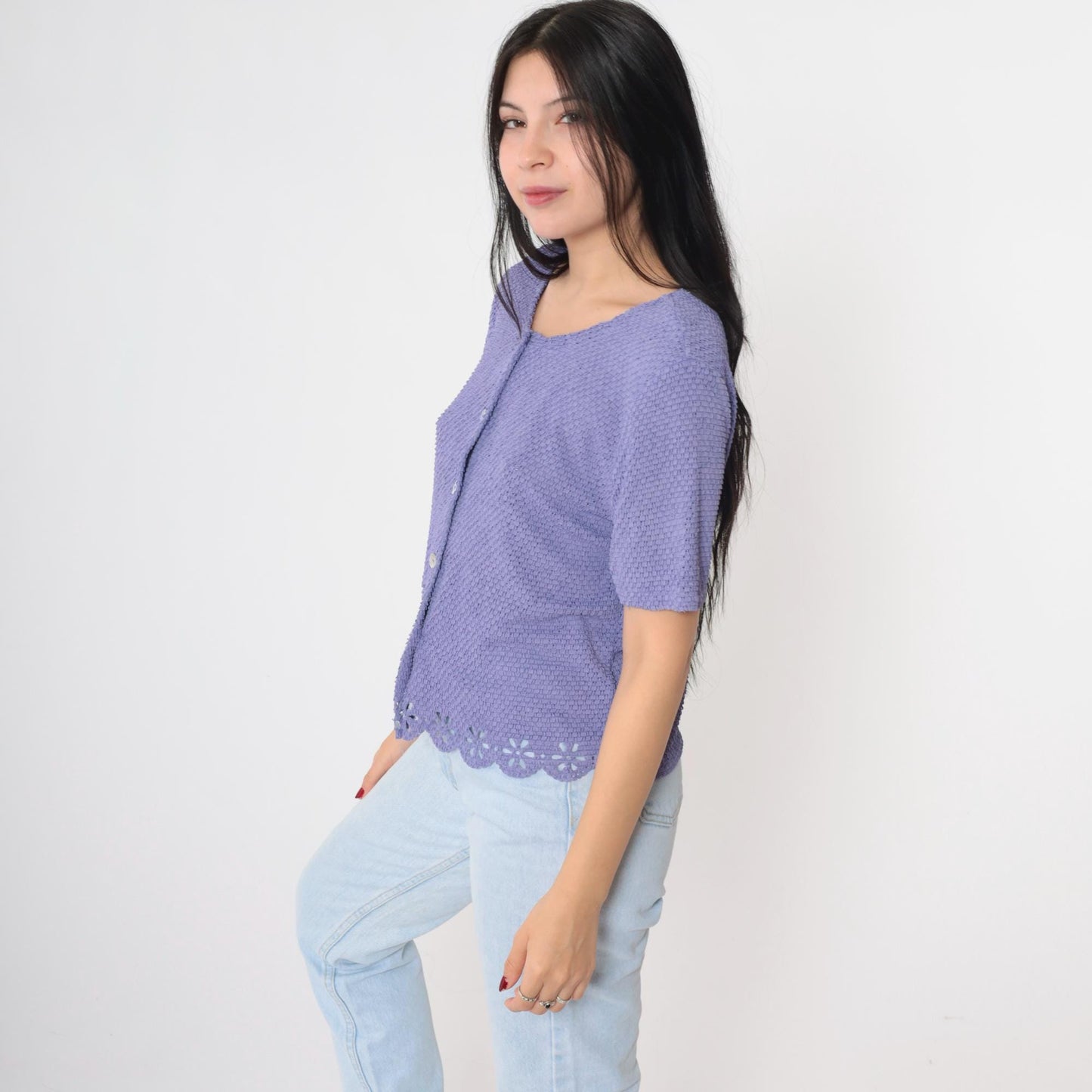 90s Lavender Cutwork Cardigan Sheer Knit Floral Cutout Button-Up Medium