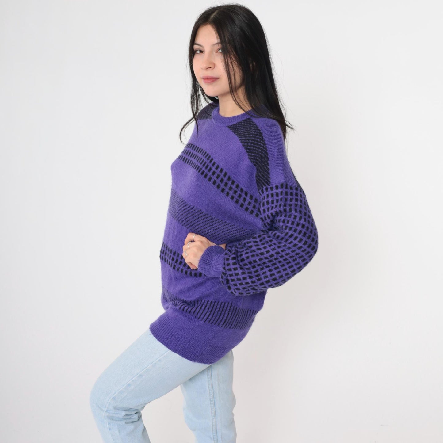 80s Purple Striped Wool Blend Crewneck Pullover Sweater Grid Print Medium