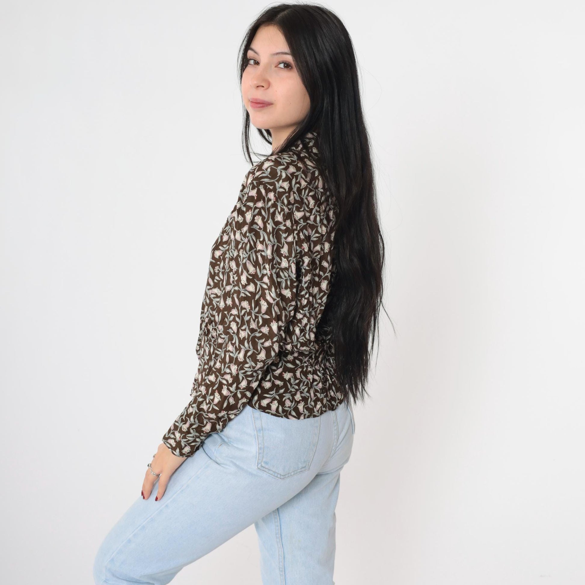 90s Carole Little Floral Button-Up Blouse Brown Peplum Petite Medium