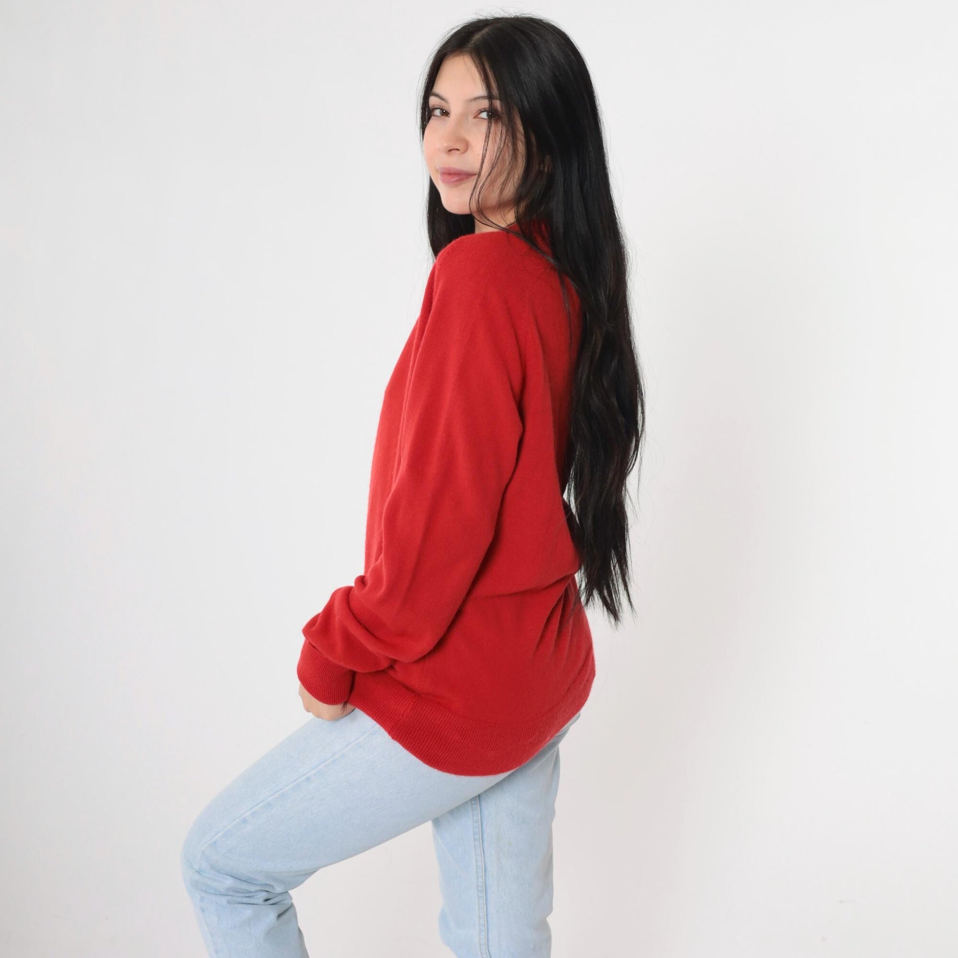 80s Monterey Knits Red V-Neck Pullover Sweater Medium Large