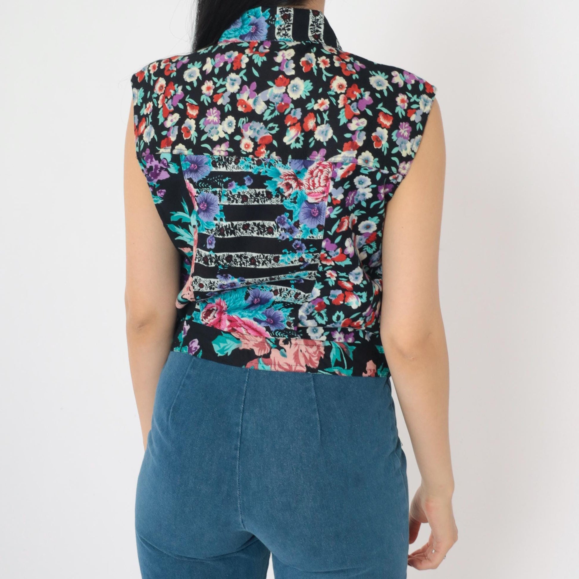 90s Cotton Express Floral Patchwork Crop Top Sleeveless Button-Up Medium