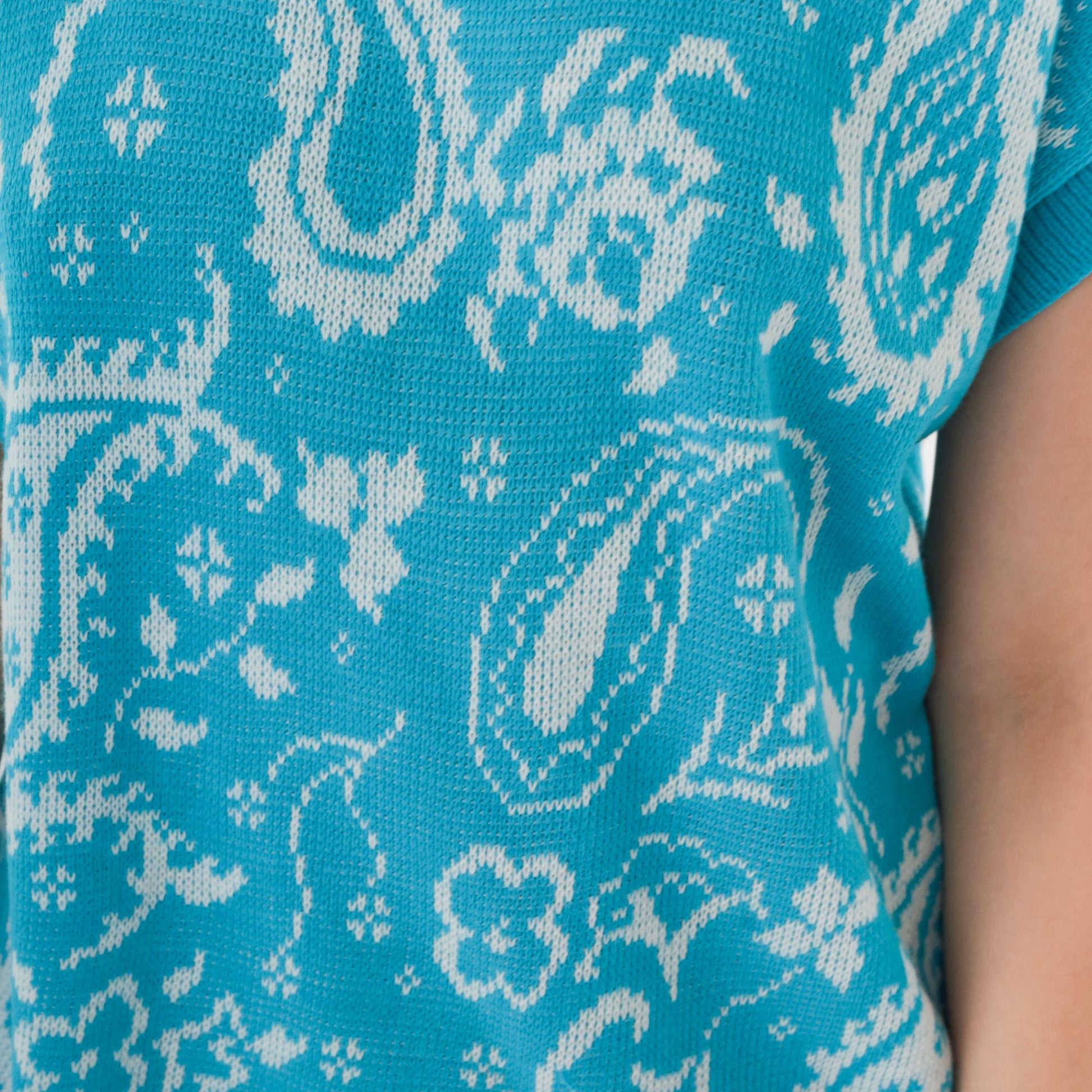 80s Blue Paisley Floral Knit Sweater Top Short Sleeve Medium M