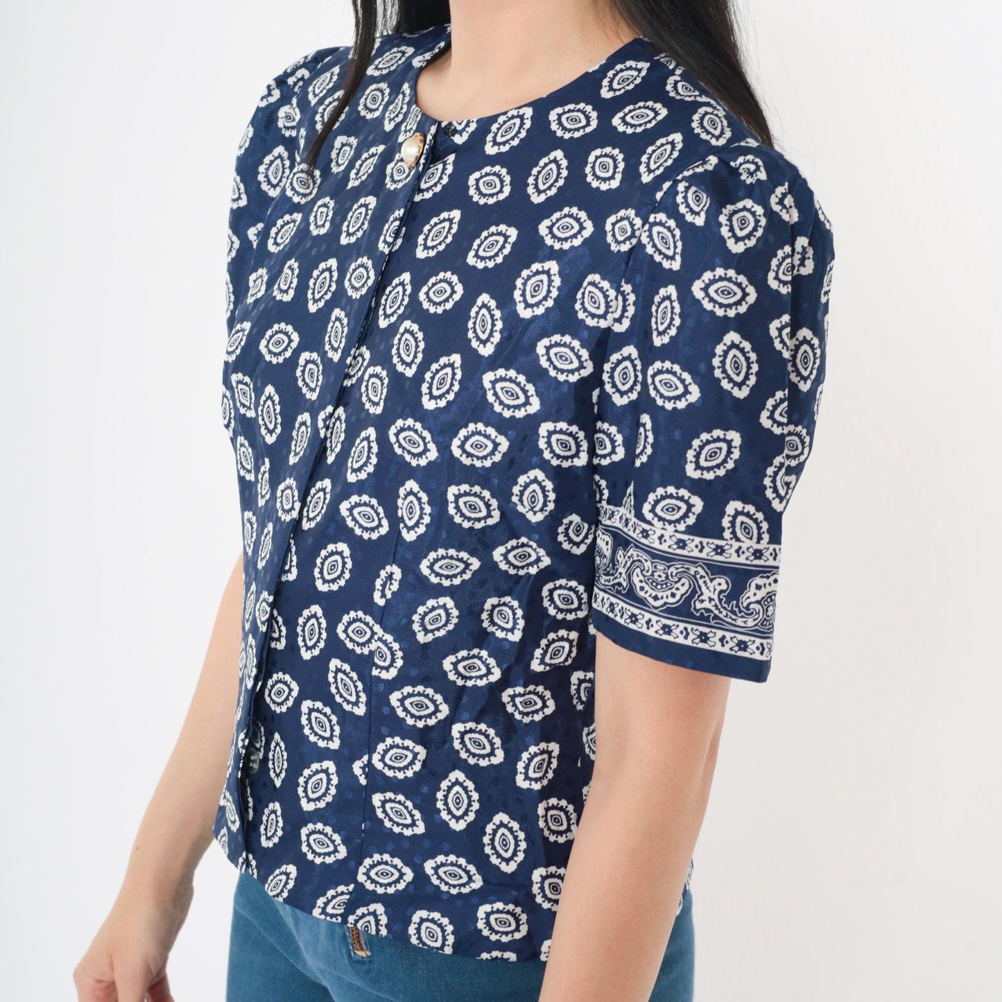 80s Blue Geometric Medallion Puff Sleeve Blouse Pearl Button Small