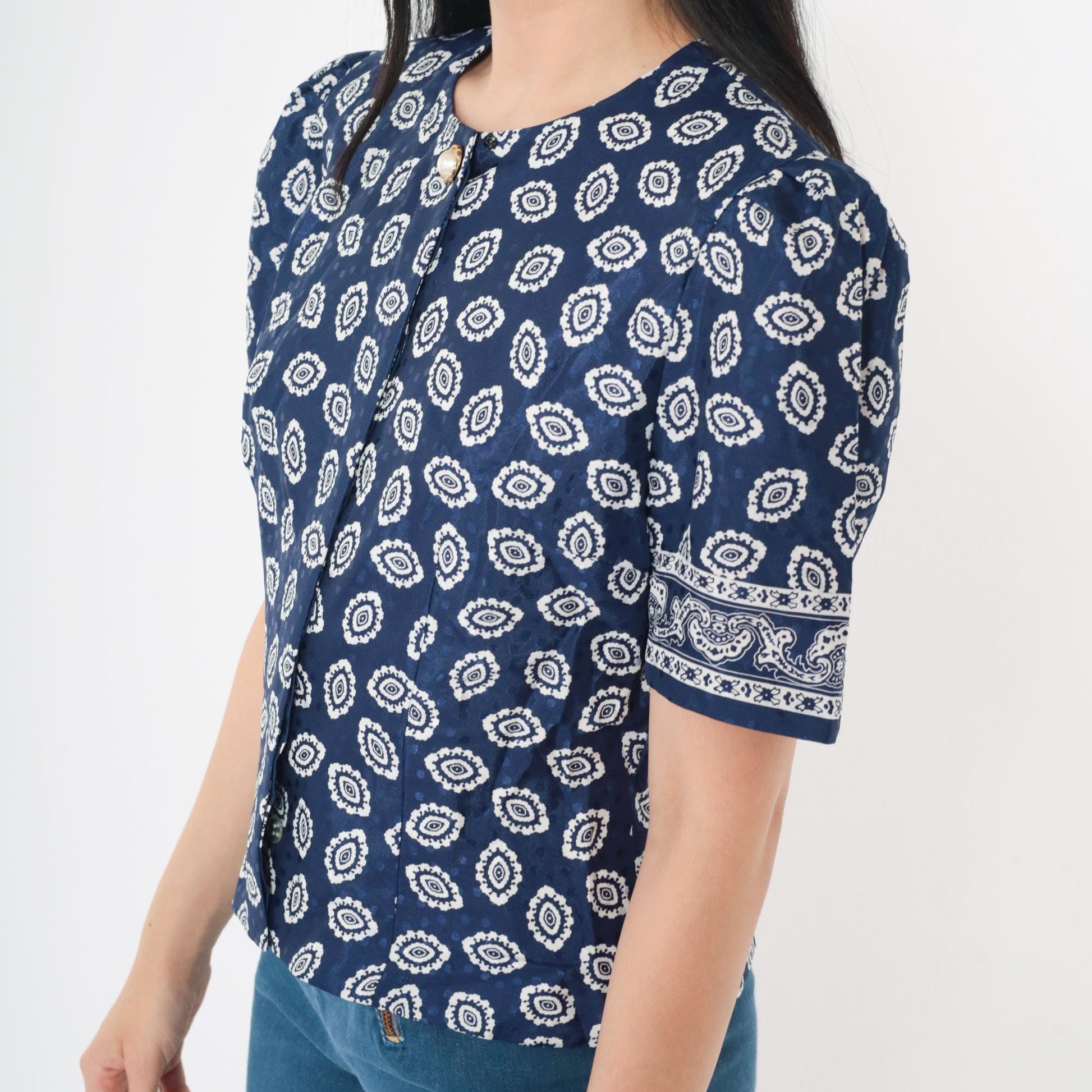 80s Blue Geometric Medallion Puff Sleeve Blouse Pearl Button Small