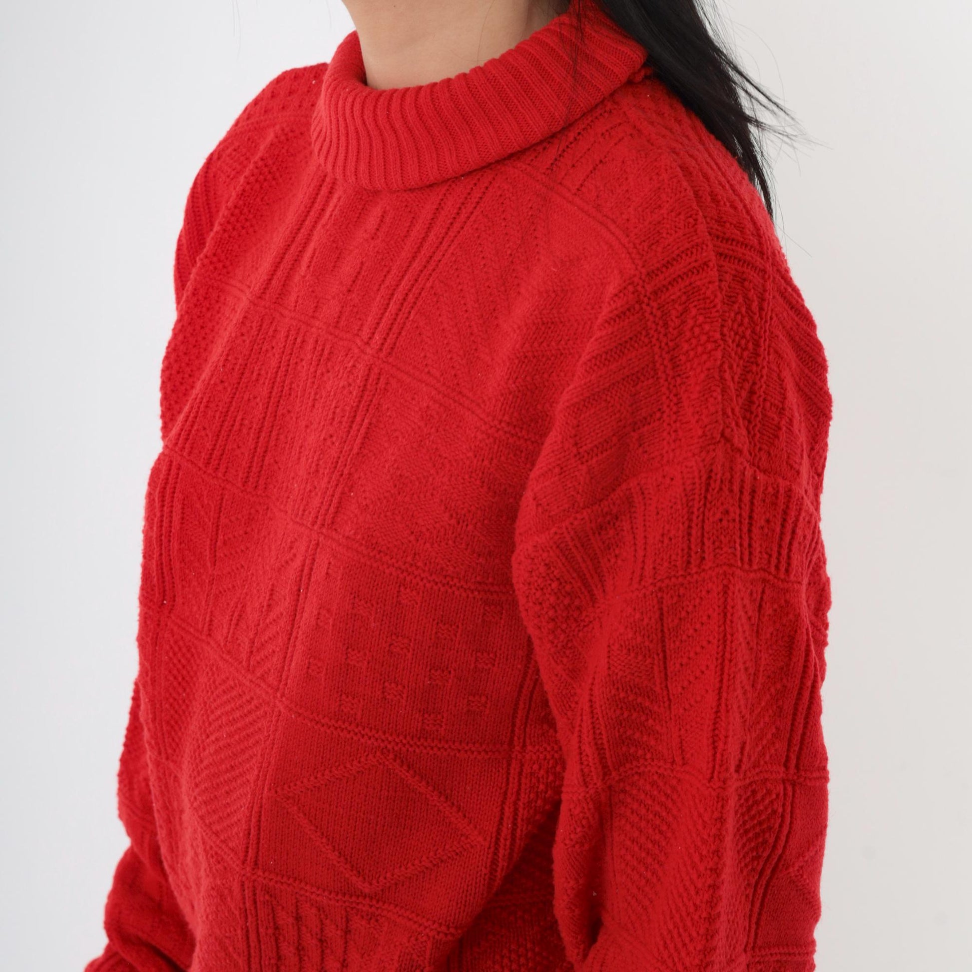 80s Red Textured Turtleneck Sweater Acrylic Knit Pullover Medium M