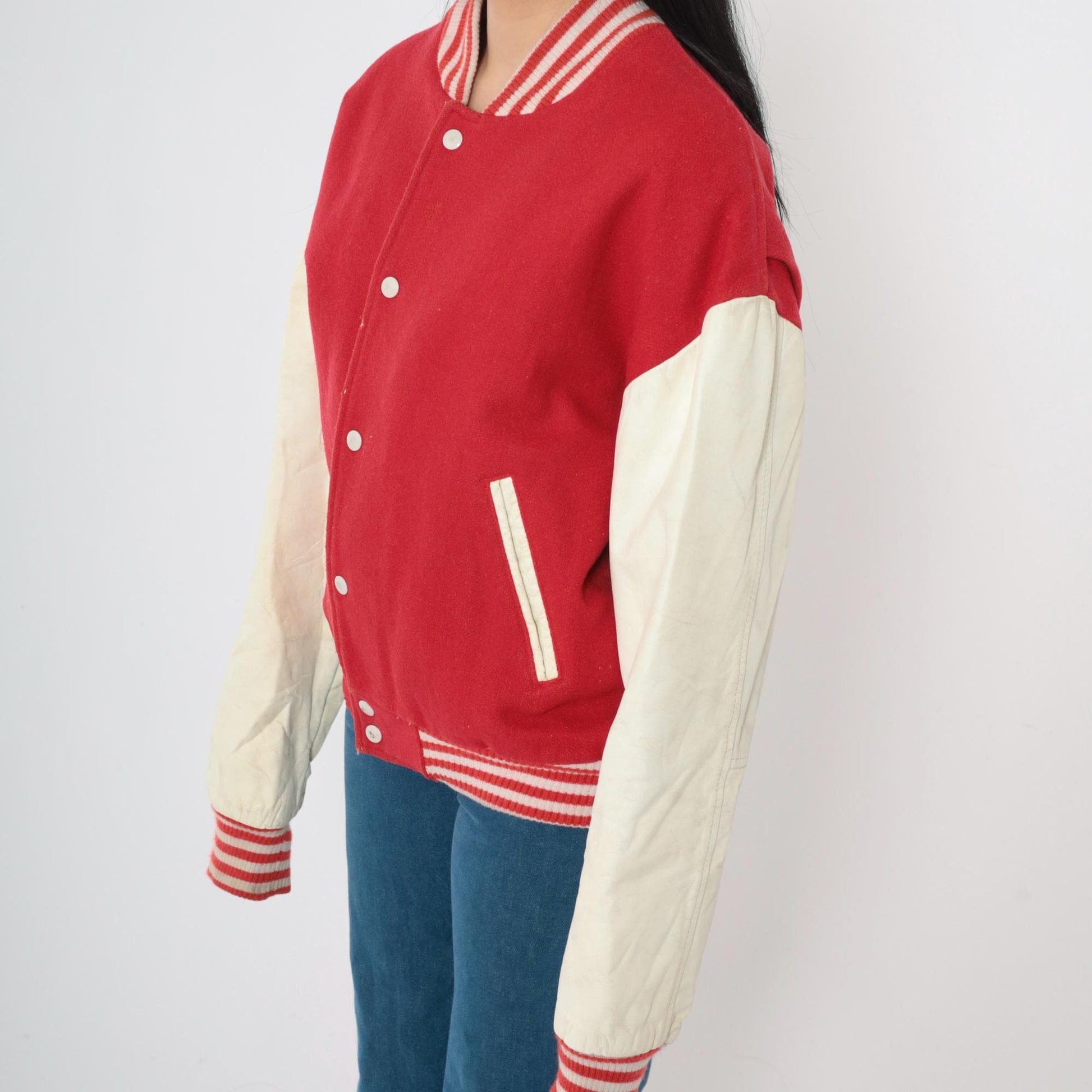 80s Red Wool Varsity Jacket Leather Sleeves Distressed Snap Medium M