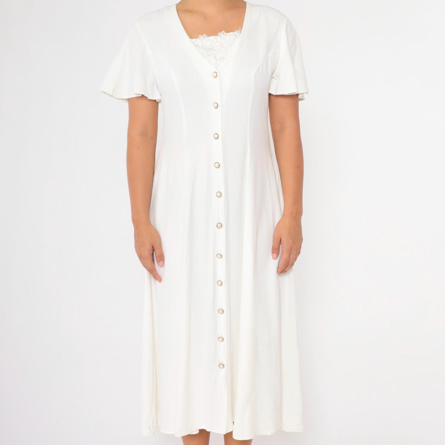 90s White Midi Dress Flutter Sleeve Lace Trim Button Up A-Line Medium