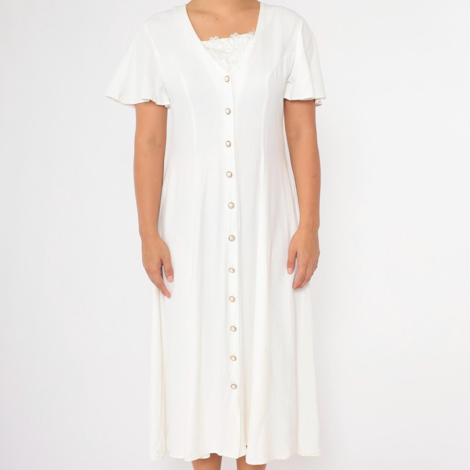 90s White Midi Dress Flutter Sleeve Lace Trim Button Up A-Line Medium