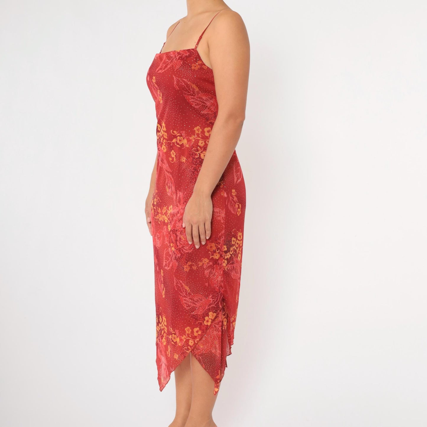 Y2K Red Floral Sparkle Chiffon Hanky Hem Midi Dress Medium