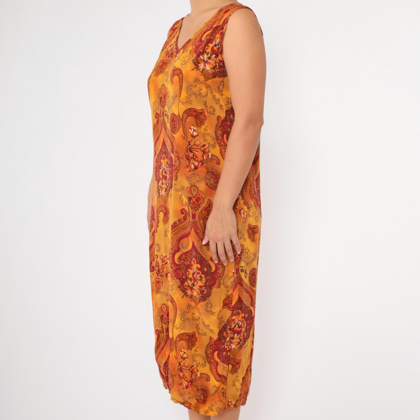 90s Floral Paisley Midi Dress Orange Red Rayon Sleeveless V-Neck Medium