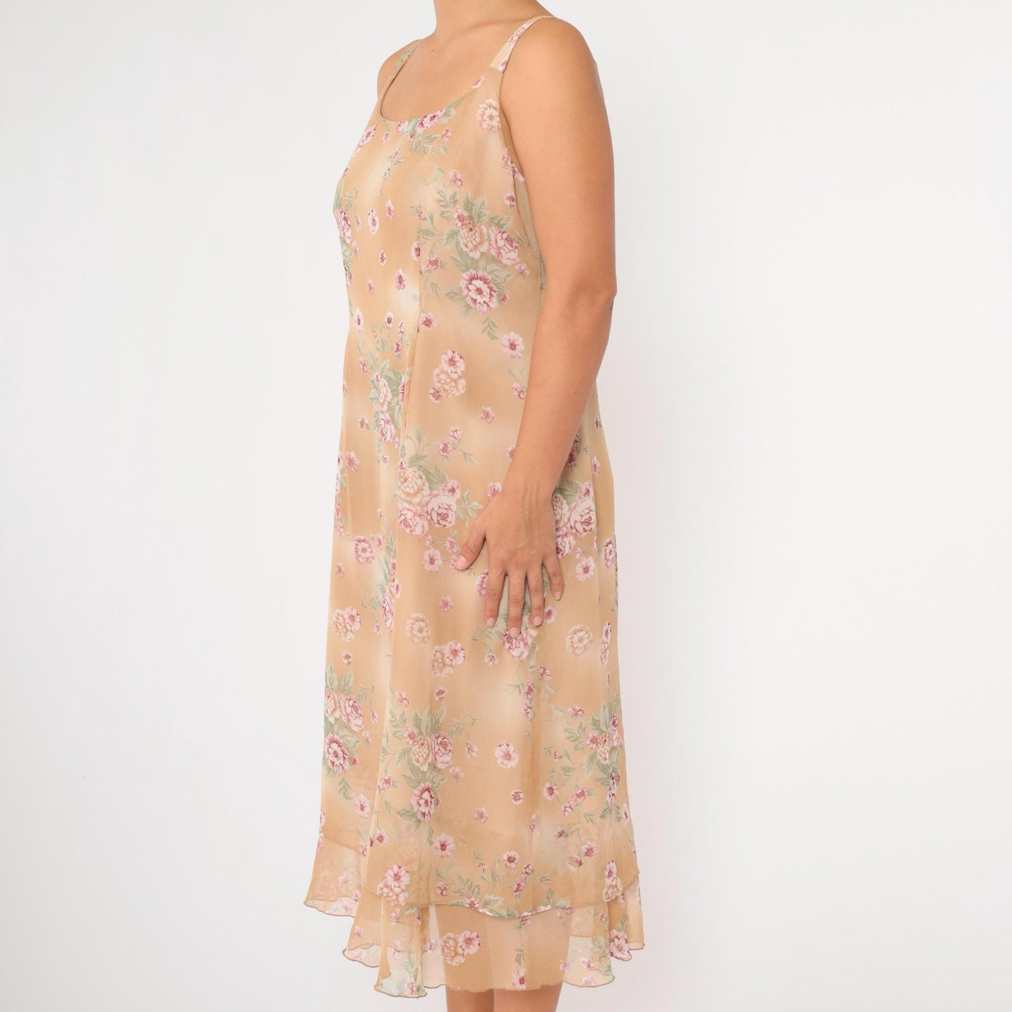 90s Sag Harbor Floral Chiffon Midi Dress Tan Tiered Sleeveless Large 14