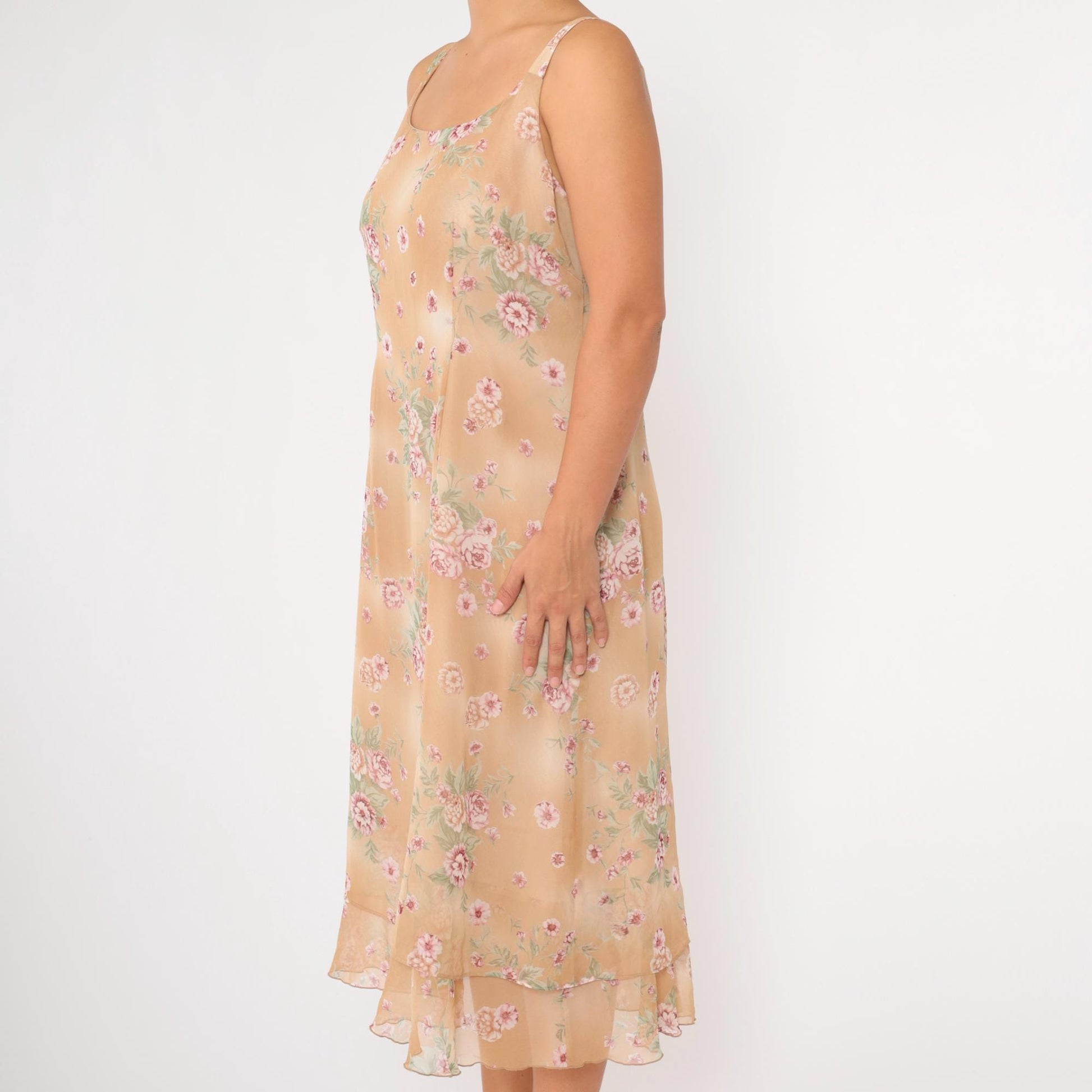 90s Sag Harbor Floral Chiffon Midi Dress Tan Tiered Sleeveless Large 14