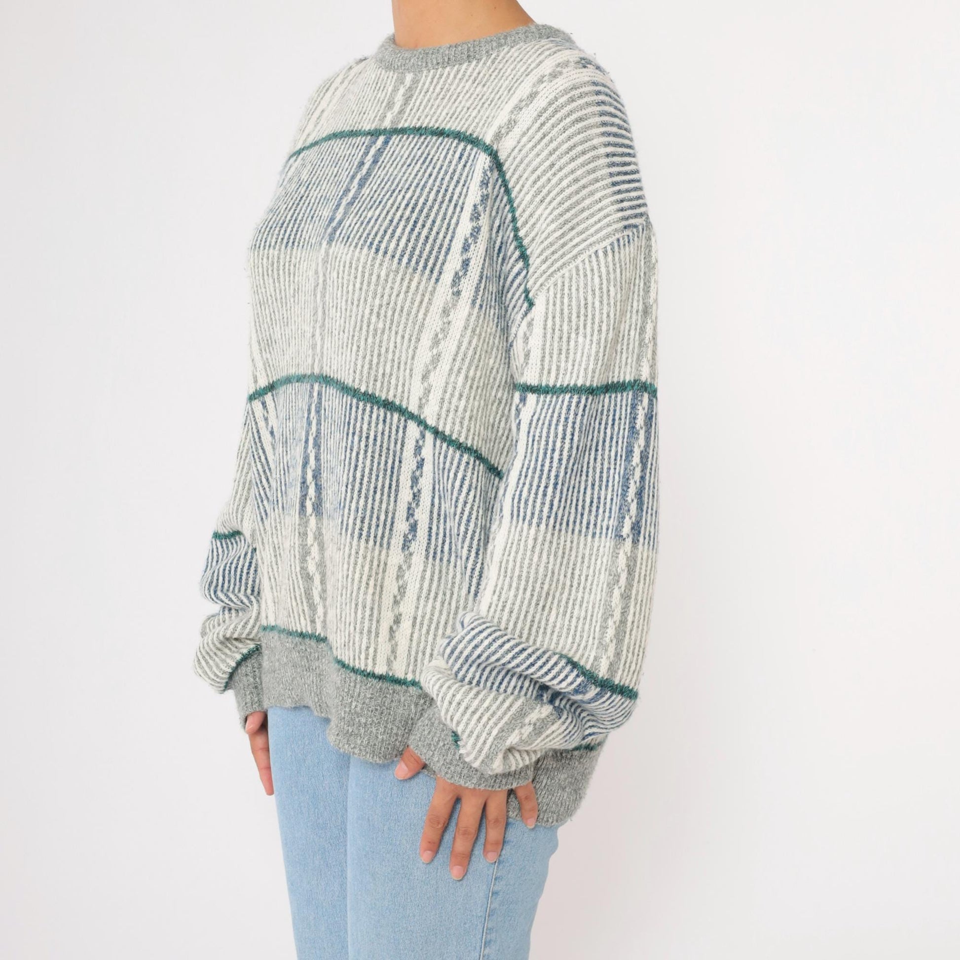 80s Striped Knit Sweater Blue Grey Pullover Extra Large XL