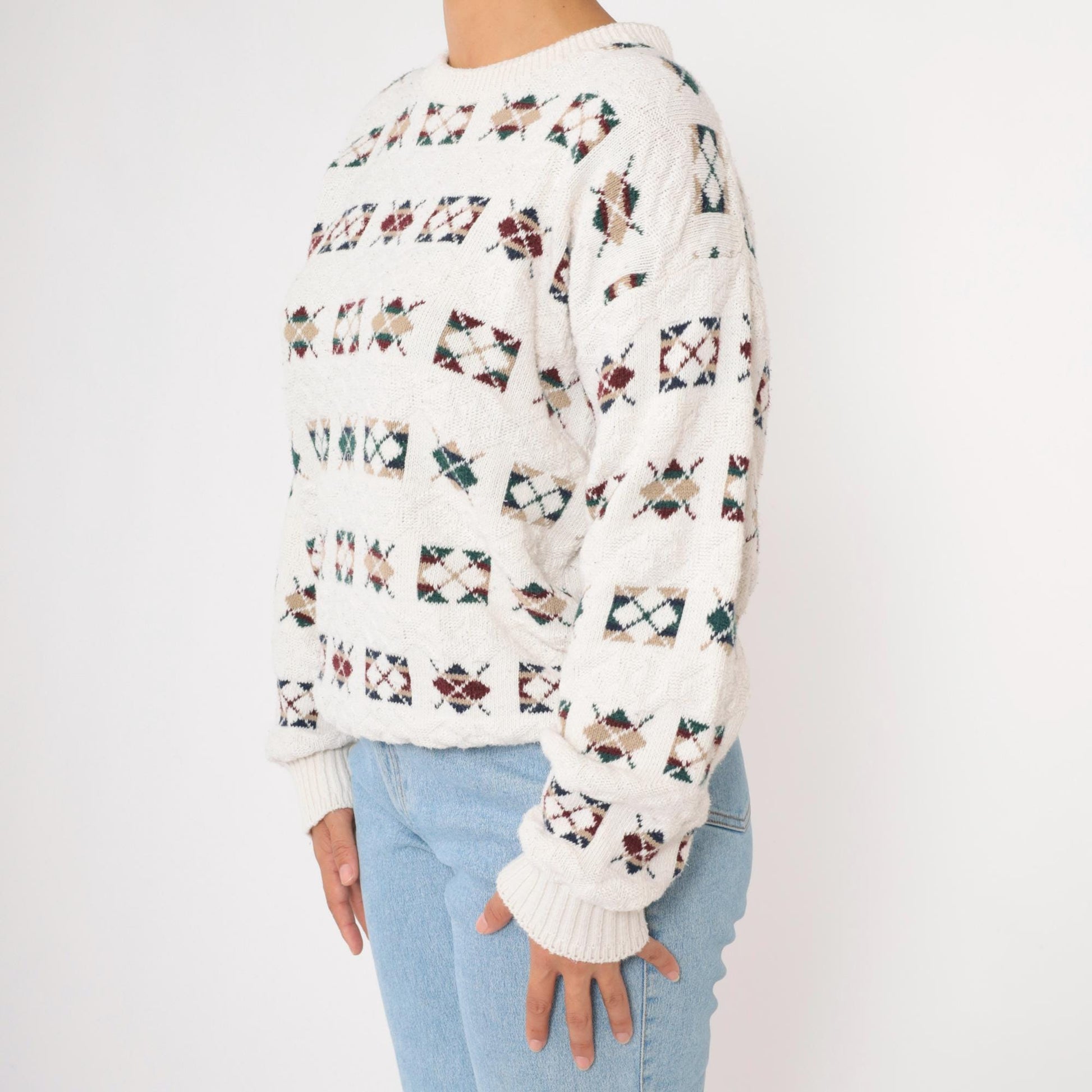 90s Argyle Sweater Off-White Cotton Crewneck Pullover Medium