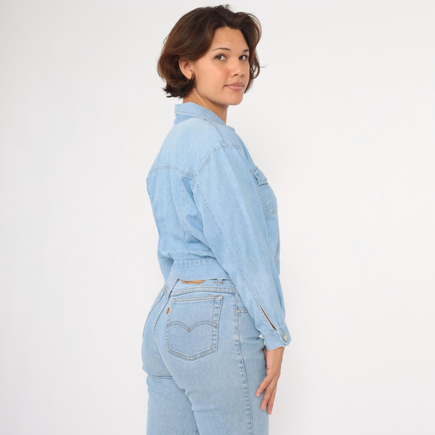90s Light Wash Denim Crop Shirt Lace Heart Detail Button Up Small