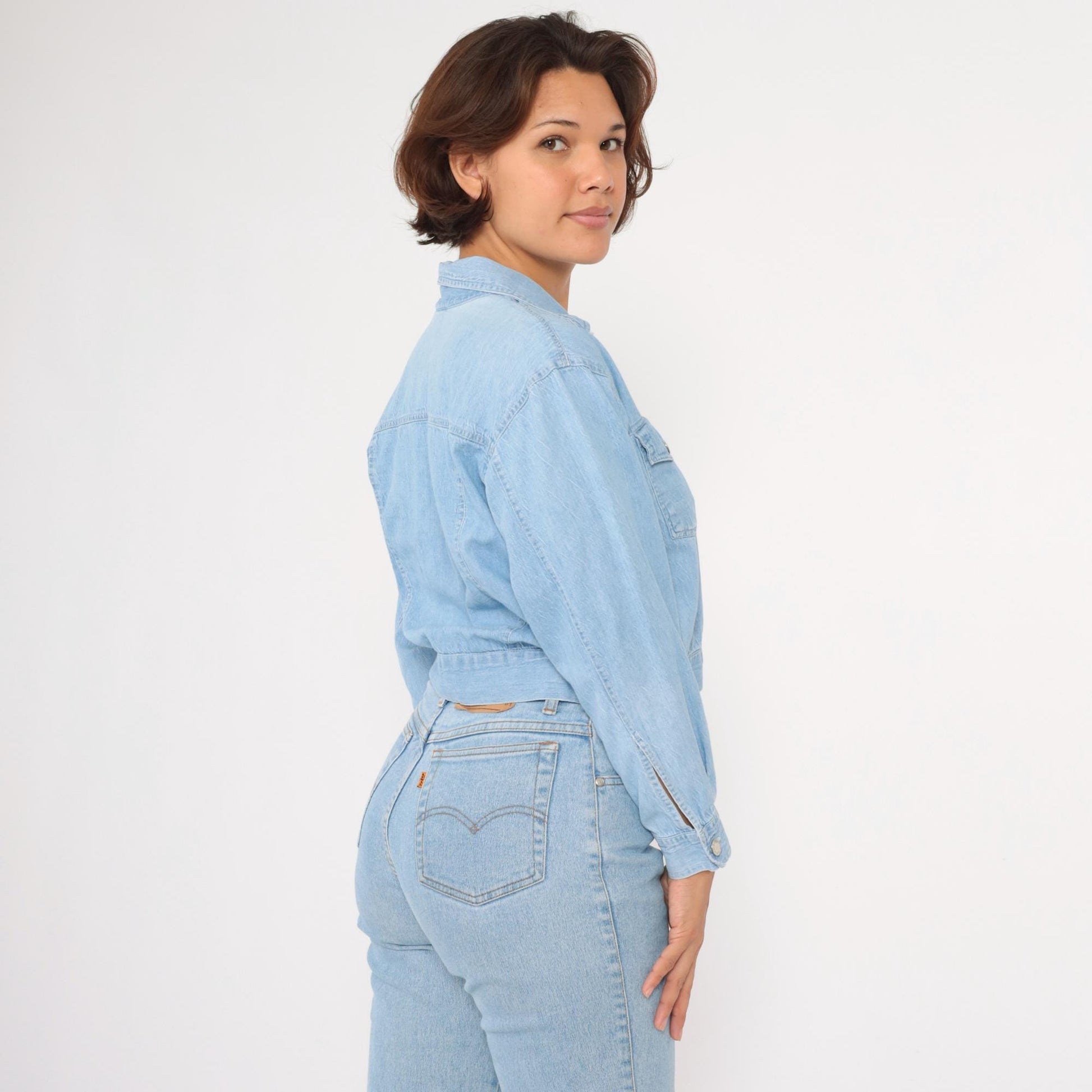 90s Light Wash Denim Crop Shirt Lace Heart Detail Button Up Small