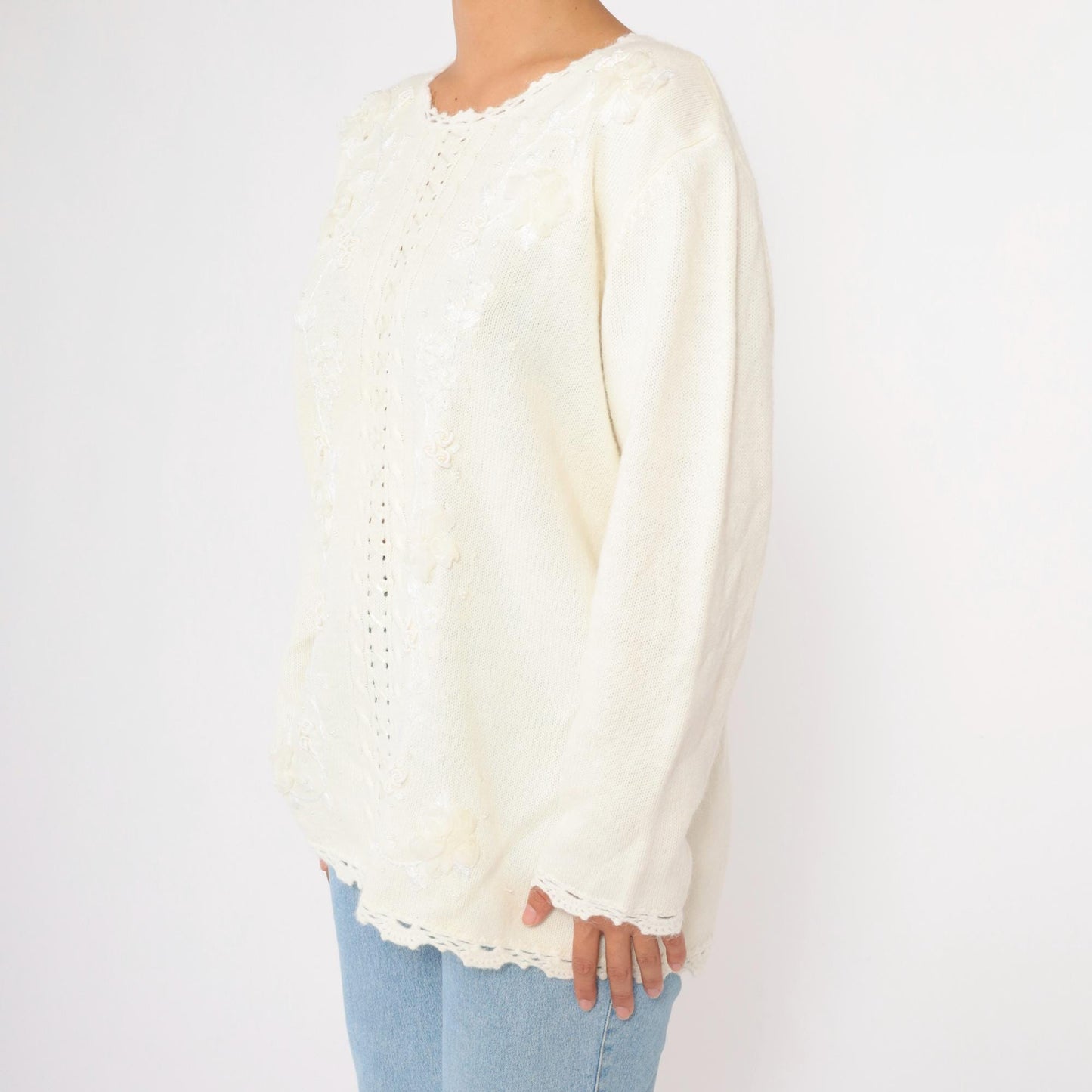 90s Koret White Cable Knit Sweater Floral Embroidered Beaded Crochet Lace Large