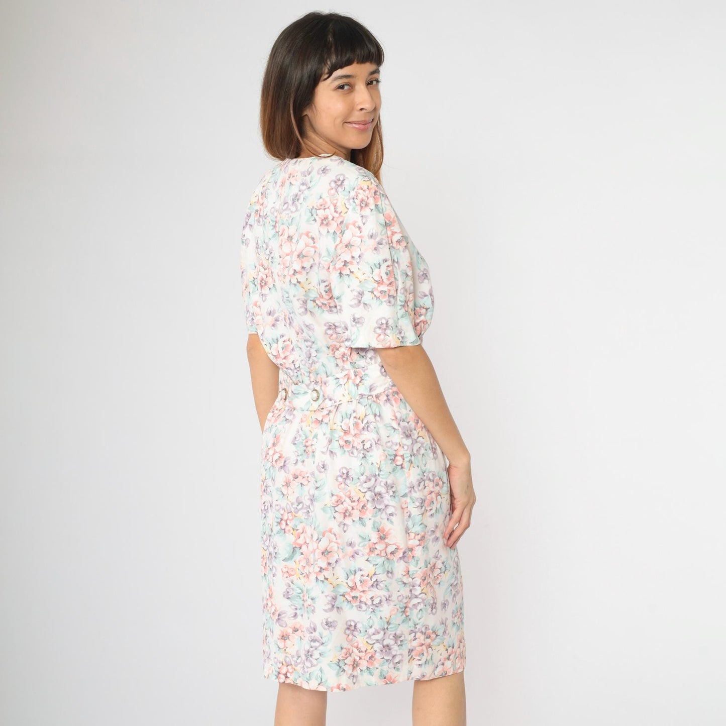 80s Caroline Wells Floral Midi Dress White Puff Sleeve Pearl Button Medium