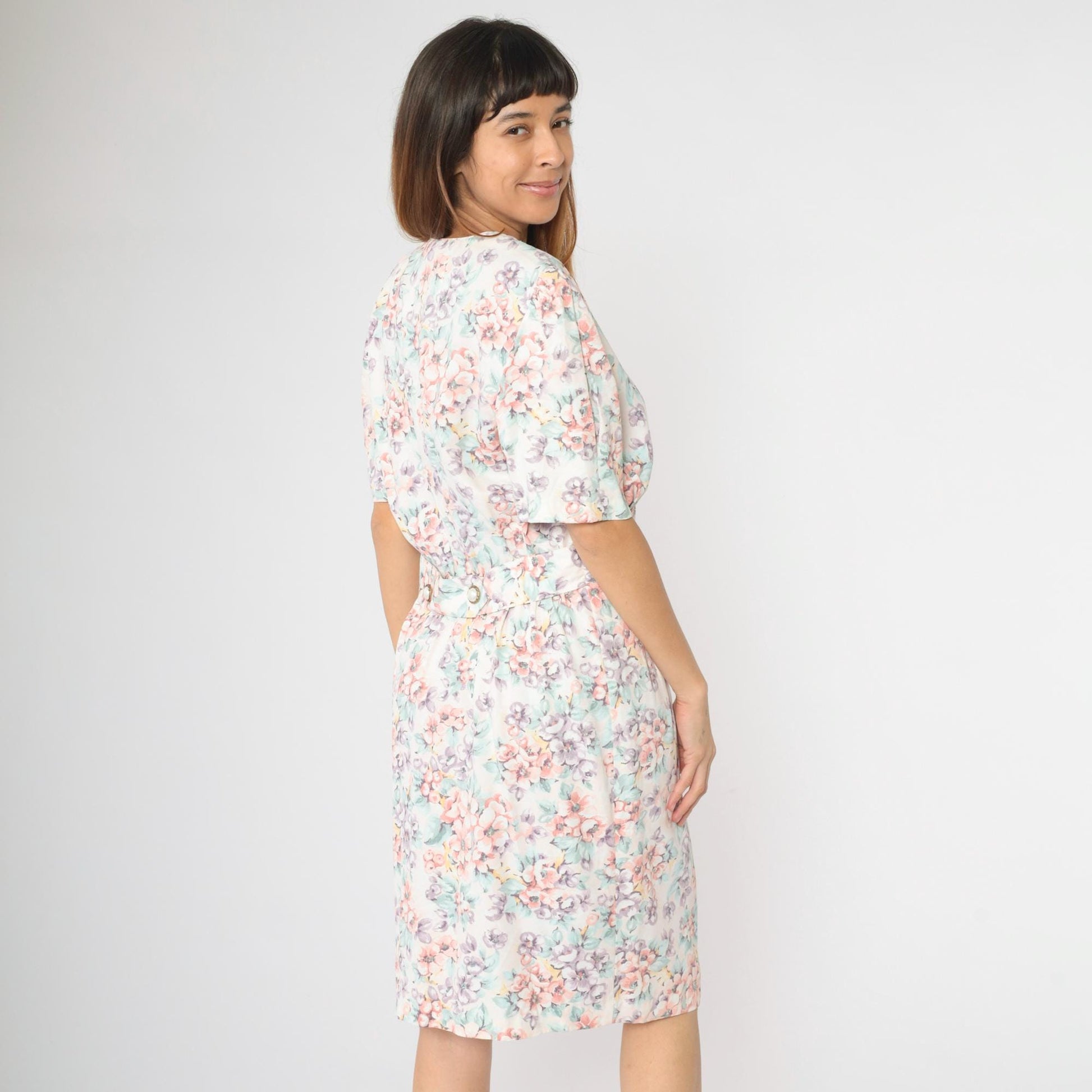 80s Caroline Wells Floral Midi Dress White Puff Sleeve Pearl Button Medium