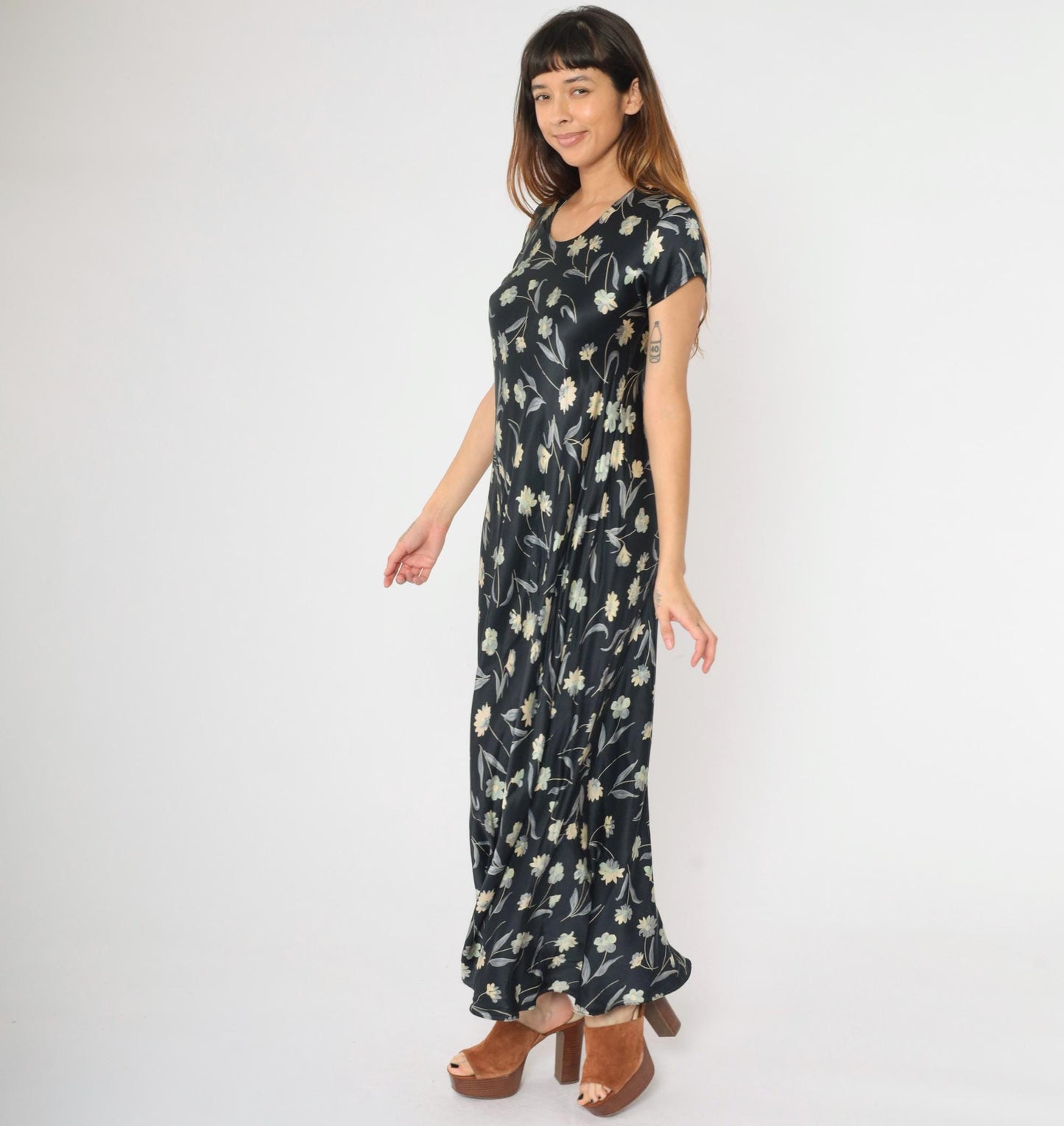 90s Black Floral Silk Maxi Dress Scoop Neck Short Sleeve Large L