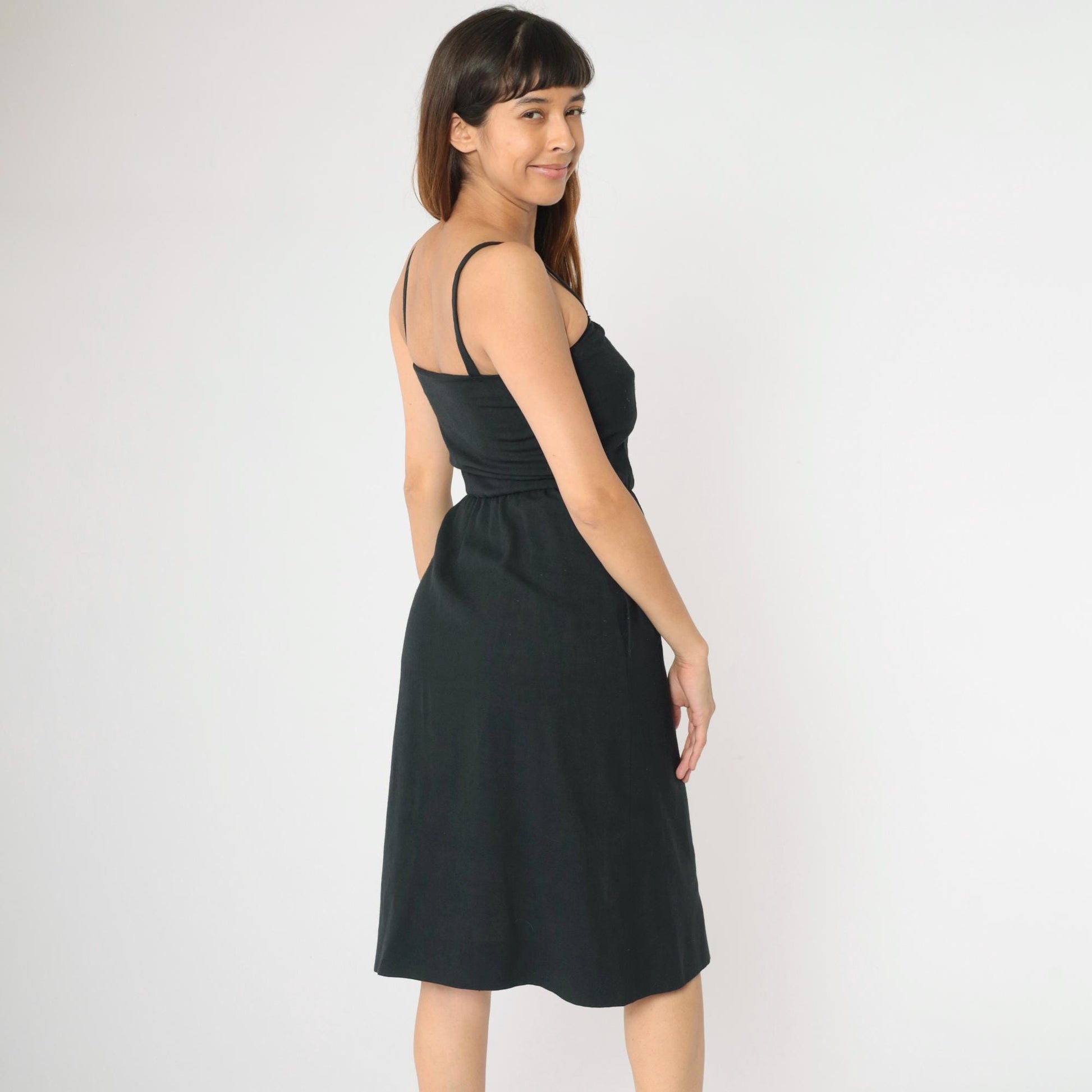 80s Black Midi Sundress Scalloped Neckline Button Front High Waist Spaghetti Strap XS