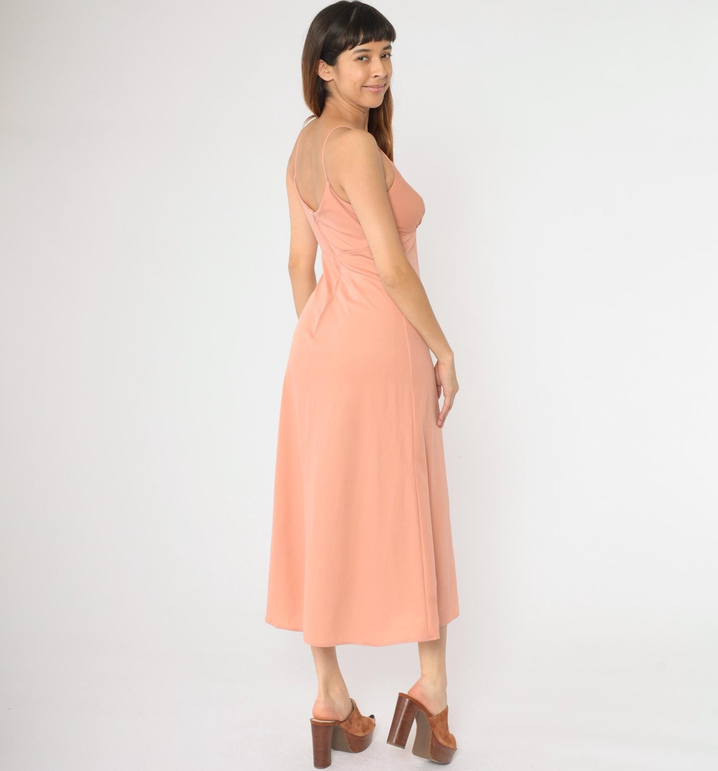 1970s Dusty Pink Empire Waist Maxi Dress V-Neck Spaghetti Strap Small