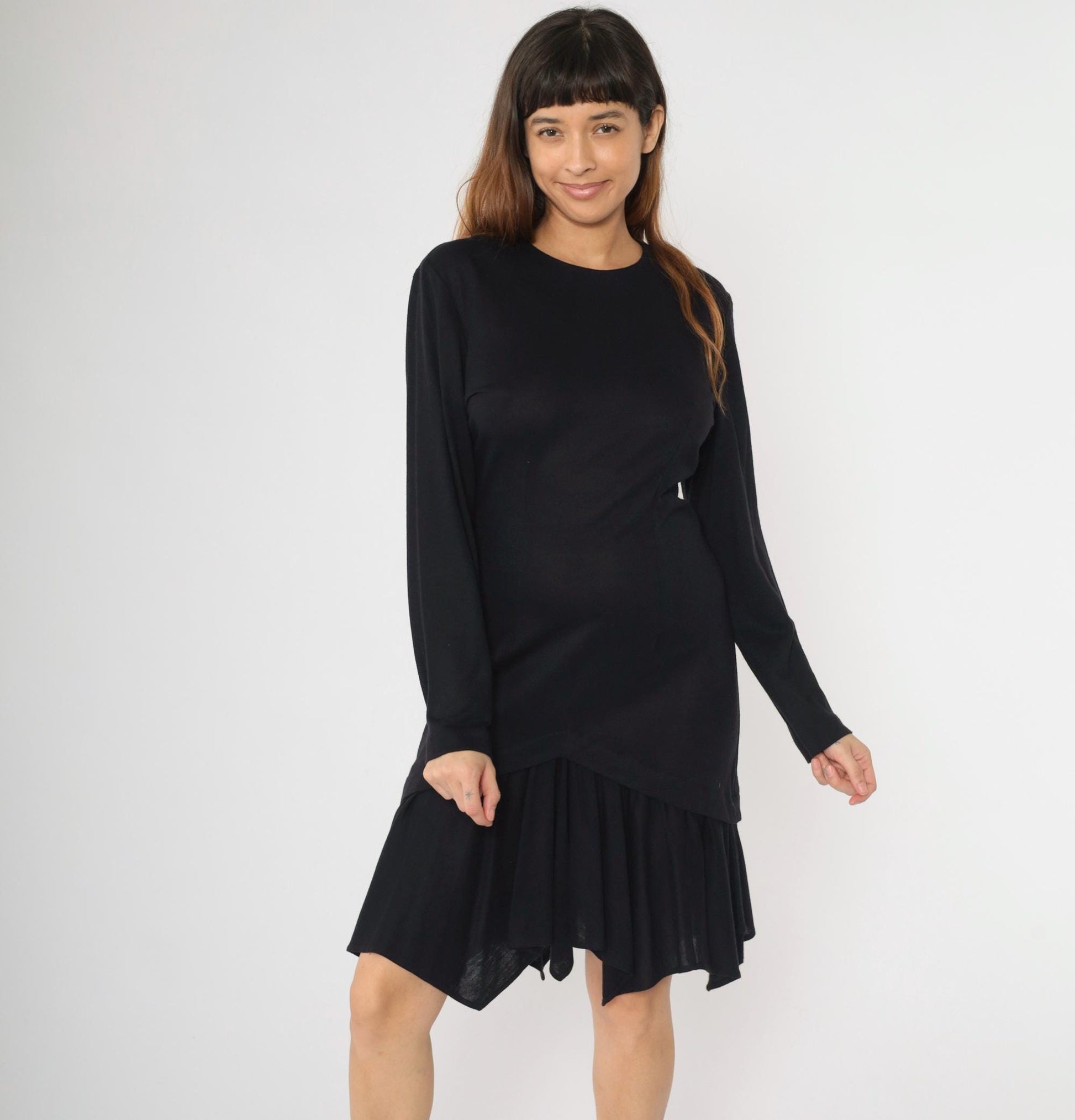 90s Black Knit Dress Asymmetric Layered Hem Long Sleeve Midi Medium