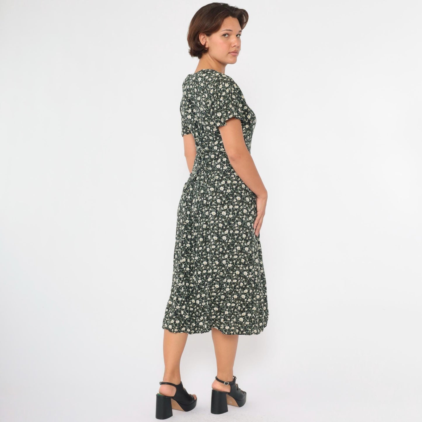 90s Black Floral Midi Dress Flutter Sleeve Button-Up Green White Small S