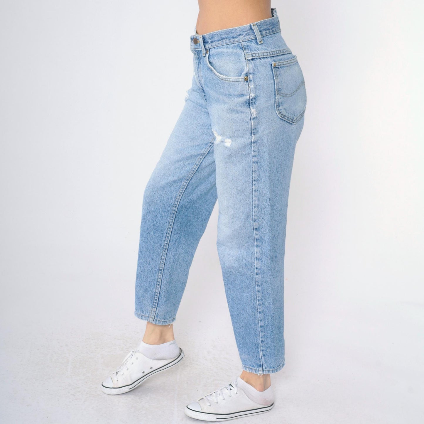 90s Lee High-Waist Tapered Jeans Light Wash Distressed Rips Medium