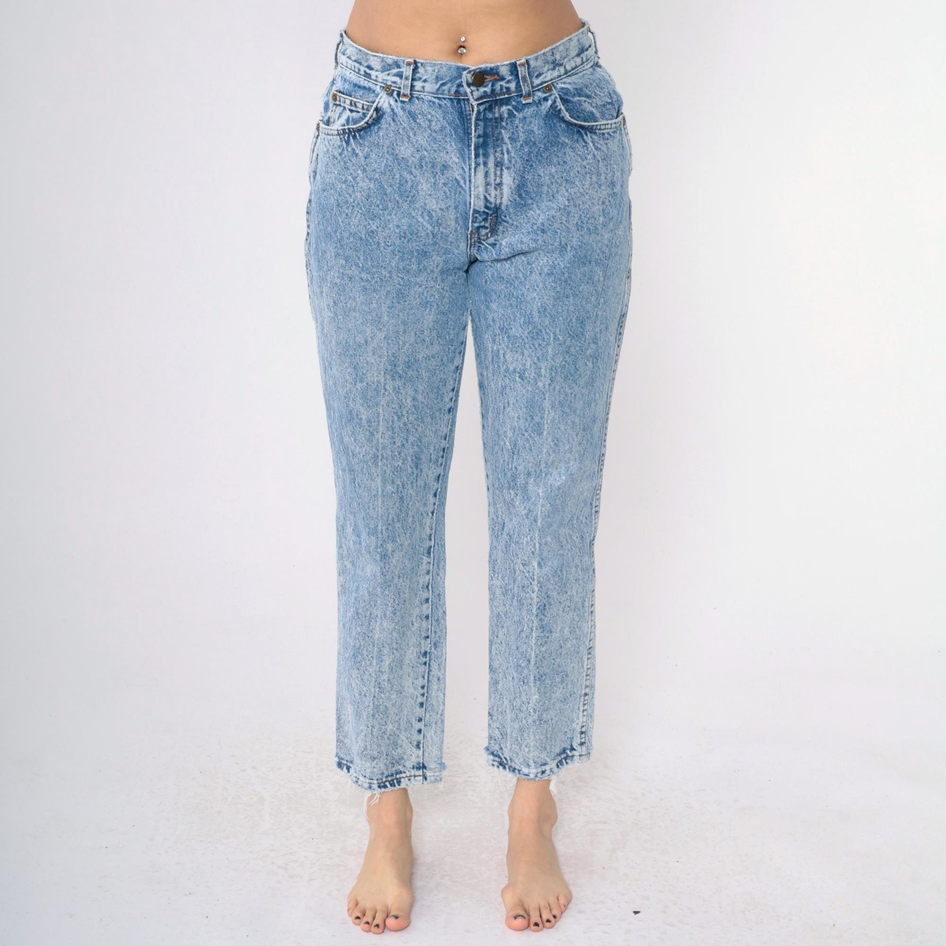 80s Acid Wash High Waist Tapered Jeans Chic Blue Denim Small