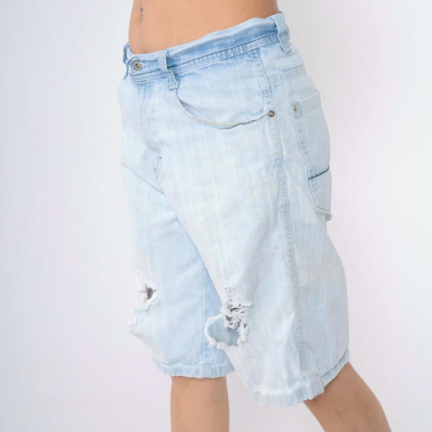 Y2K South Pole Denim Shorts Light Wash Ripped High Waist Knee Length 32